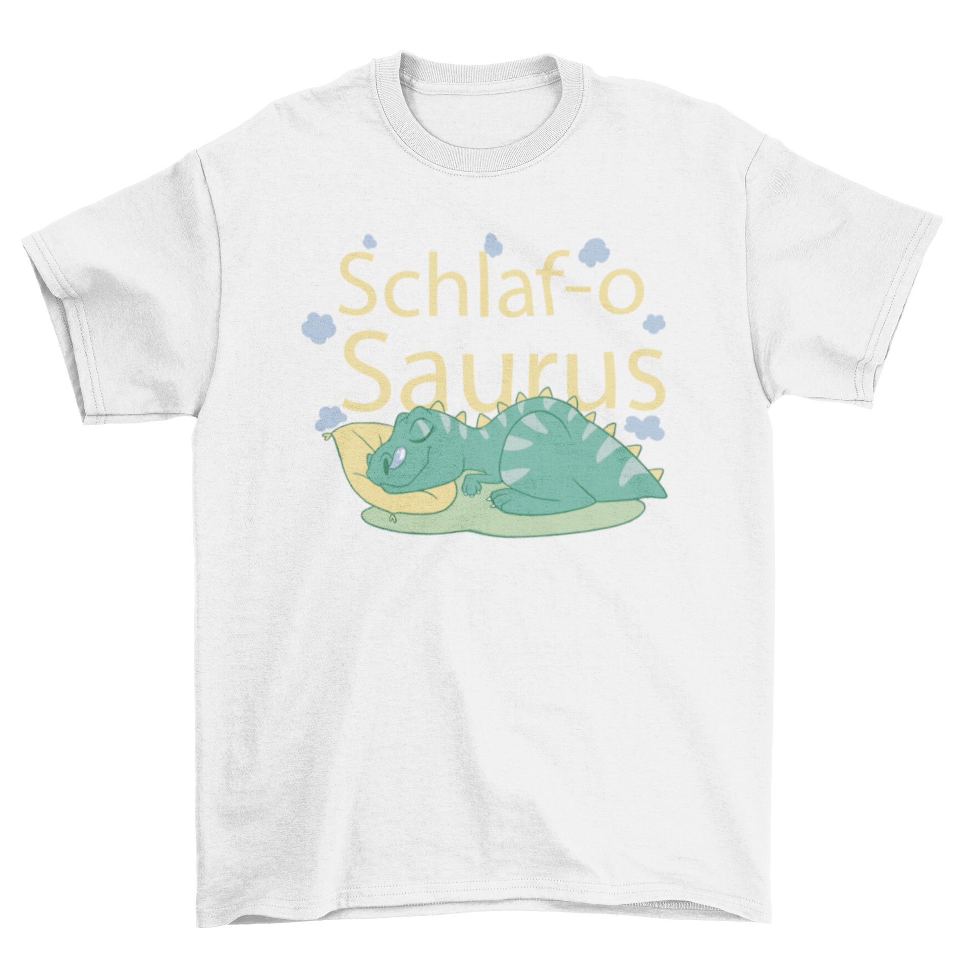 A cozy t-shirt featuring a sleeping T-Rex with the quote 'Schlaf-o-saurus', perfect for dinosaur lovers.