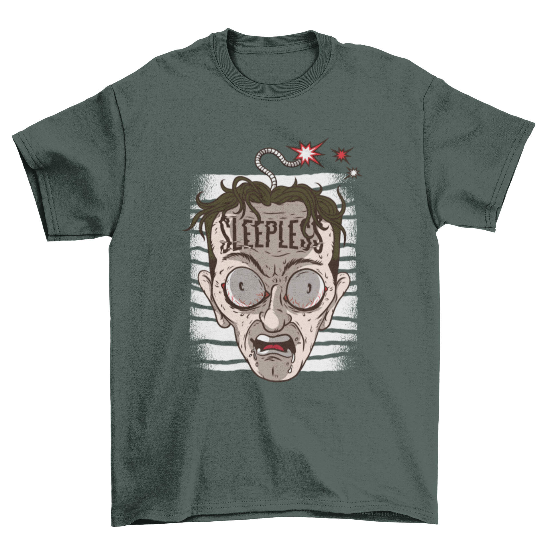 Sleepless head t-shirt featuring a cartoon design of a man with wide open eyes, open mouth, and a fuse on his head, with 'Sleepless' caption.