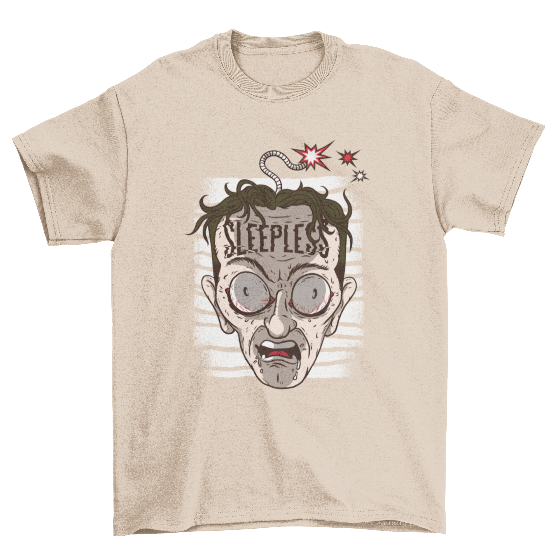 Sleepless head t-shirt featuring a cartoon design of a man with wide open eyes, open mouth, and a fuse on his head, with 'Sleepless' caption.