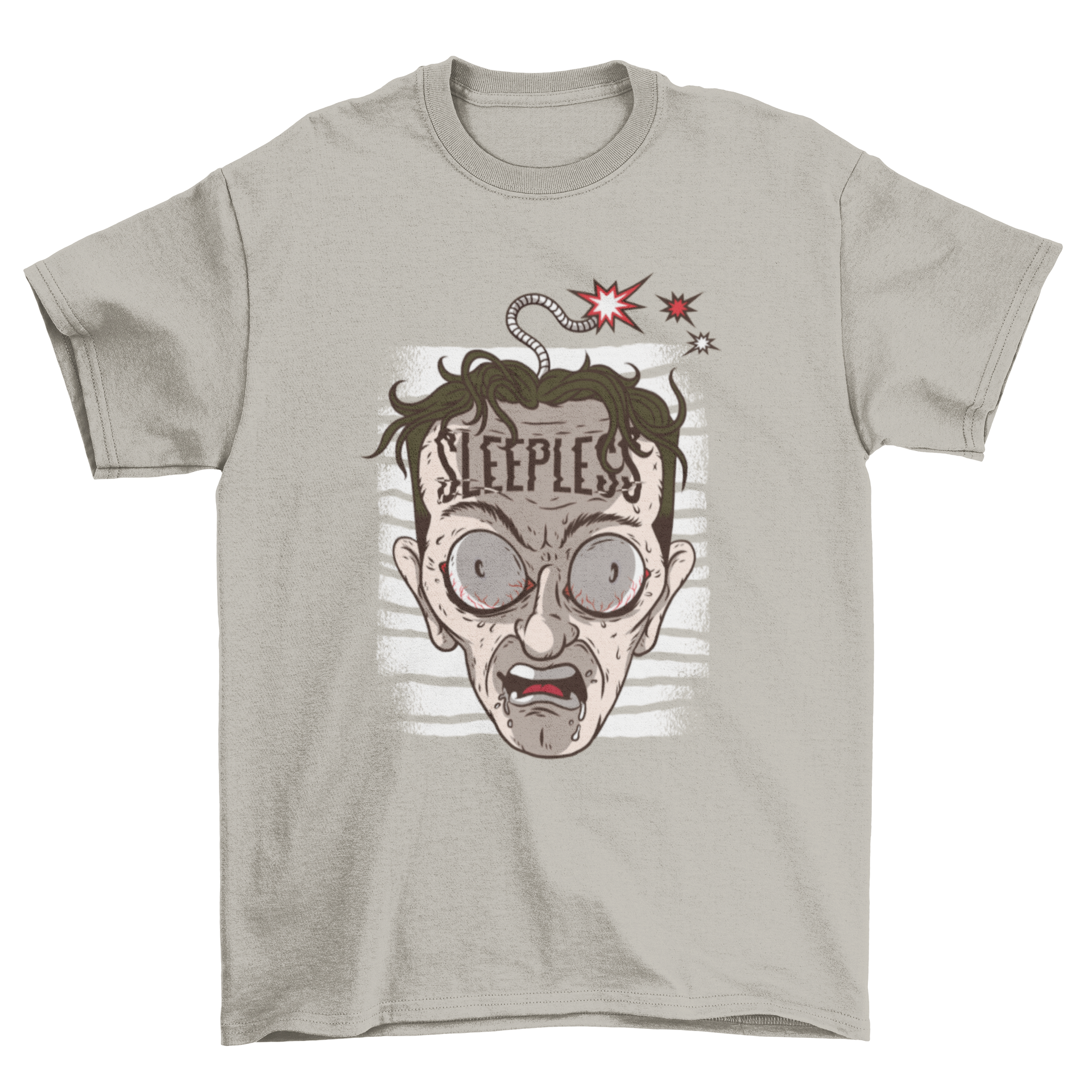 Sleepless head t-shirt featuring a cartoon design of a man with wide open eyes, open mouth, and a fuse on his head, with 'Sleepless' caption.