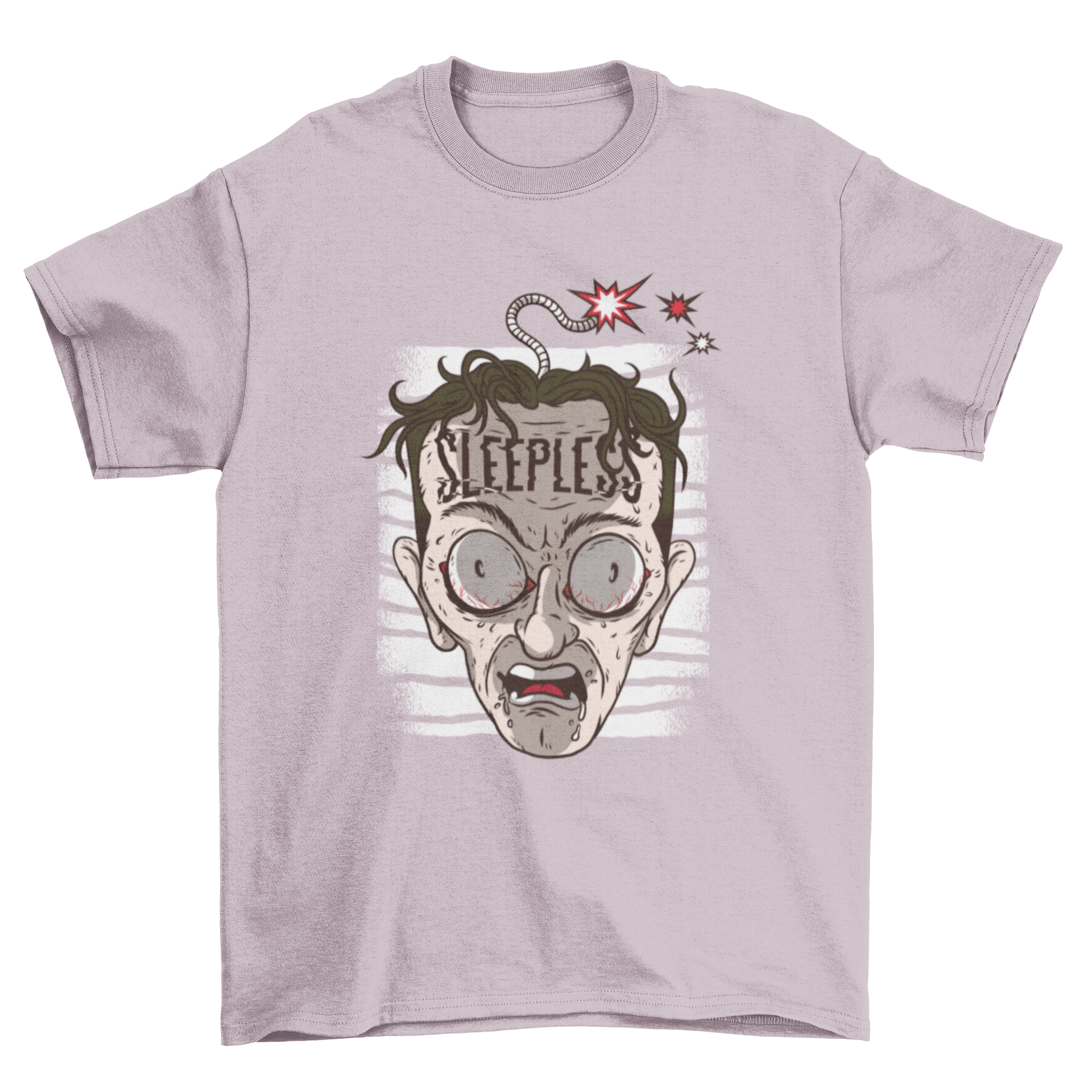 Sleepless head t-shirt featuring a cartoon design of a man with wide open eyes, open mouth, and a fuse on his head, with 'Sleepless' caption.