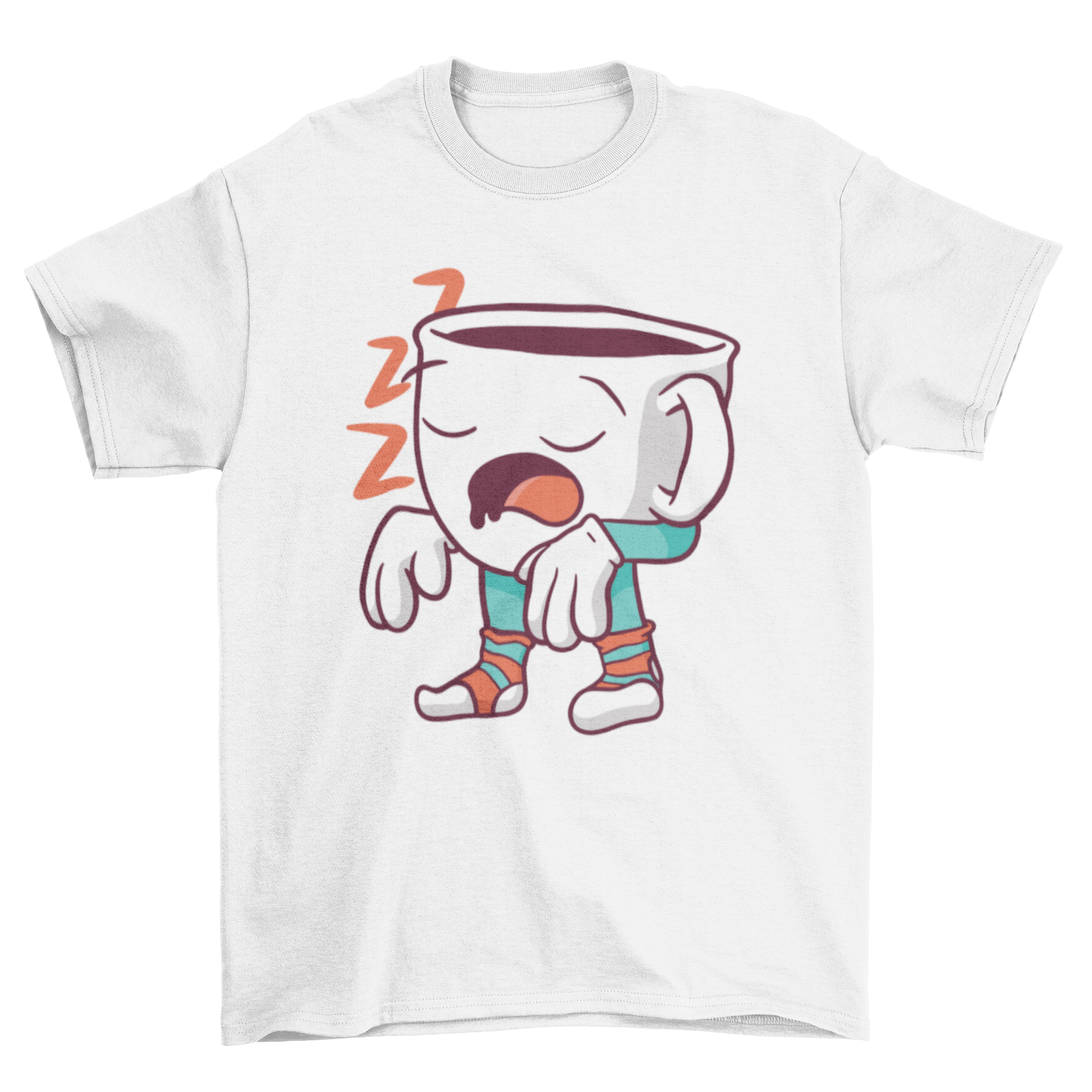 A humorous cartoon-style t-shirt featuring a sleepwalking coffee cup design, perfect for coffee enthusiasts.