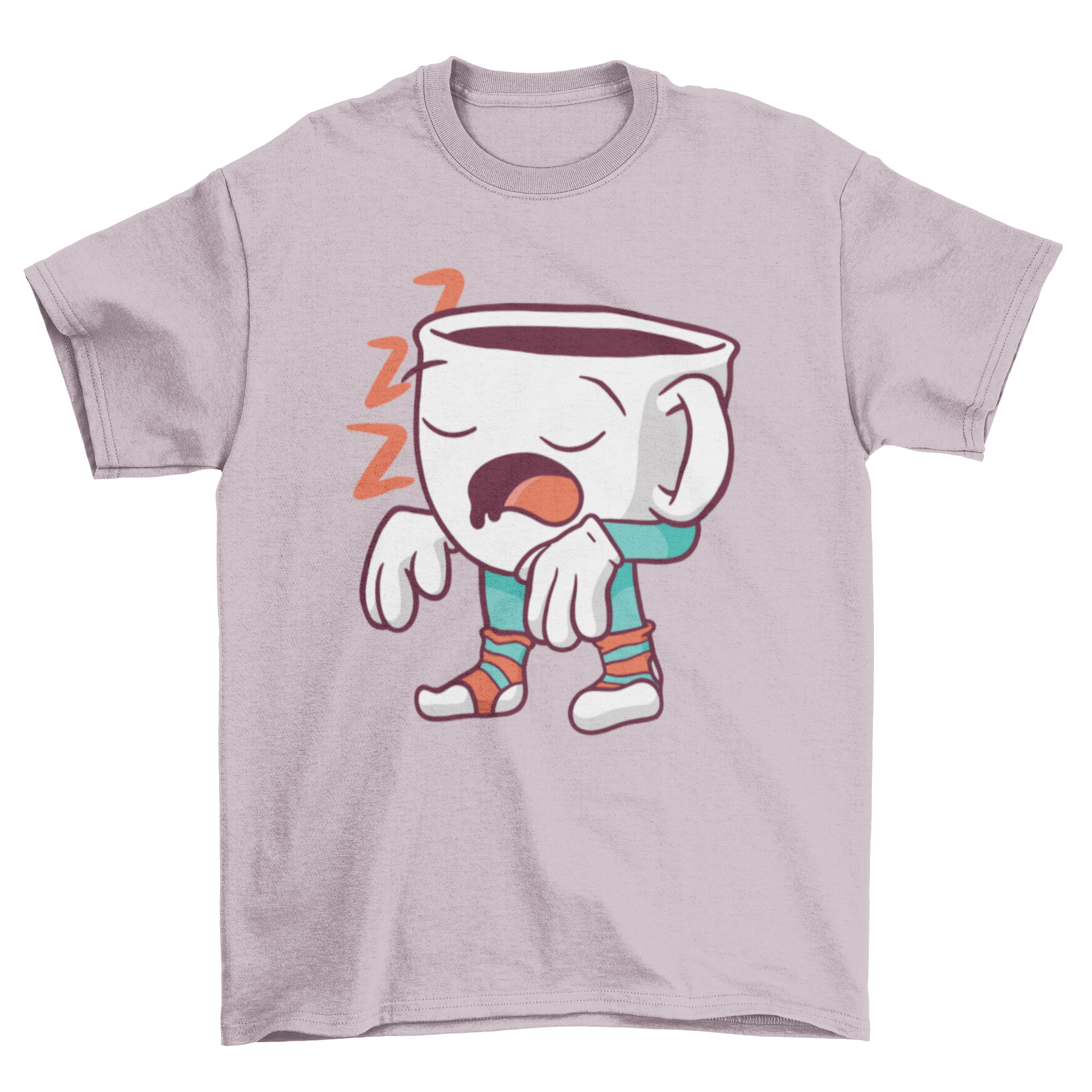 A humorous cartoon-style t-shirt featuring a sleepwalking coffee cup design, perfect for coffee enthusiasts.