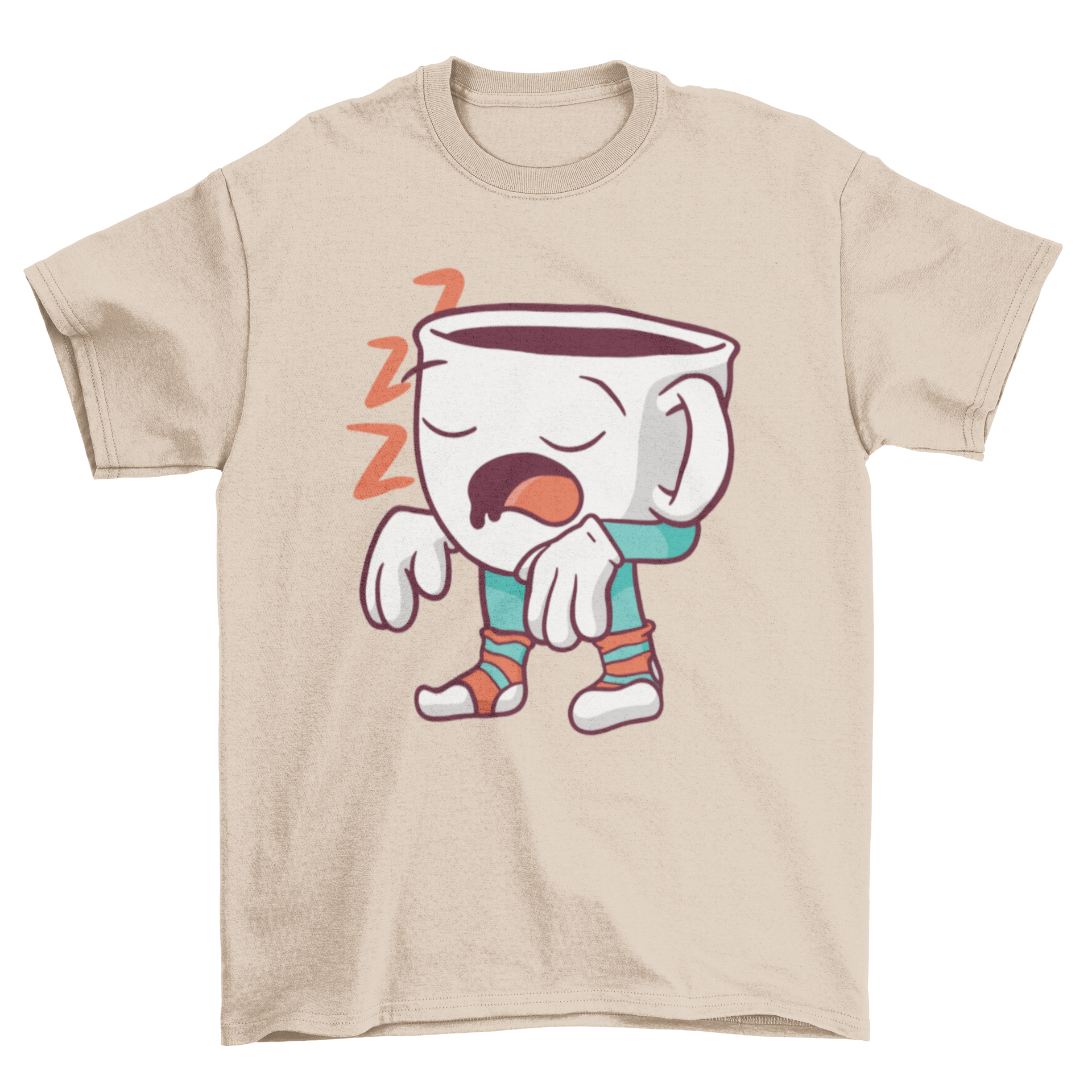 A humorous cartoon-style t-shirt featuring a sleepwalking coffee cup design, perfect for coffee enthusiasts.