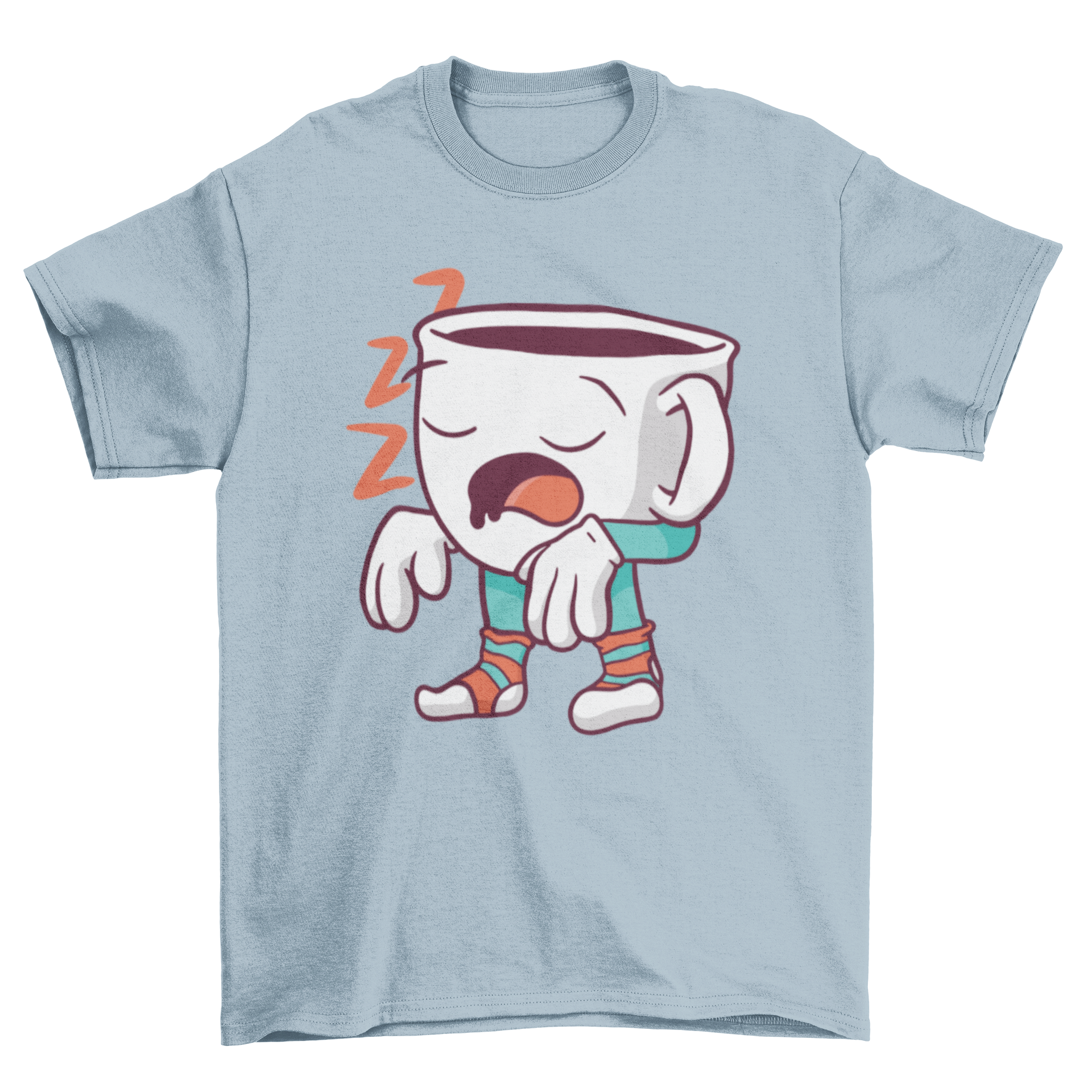 A humorous cartoon-style t-shirt featuring a sleepwalking coffee cup design, perfect for coffee enthusiasts.