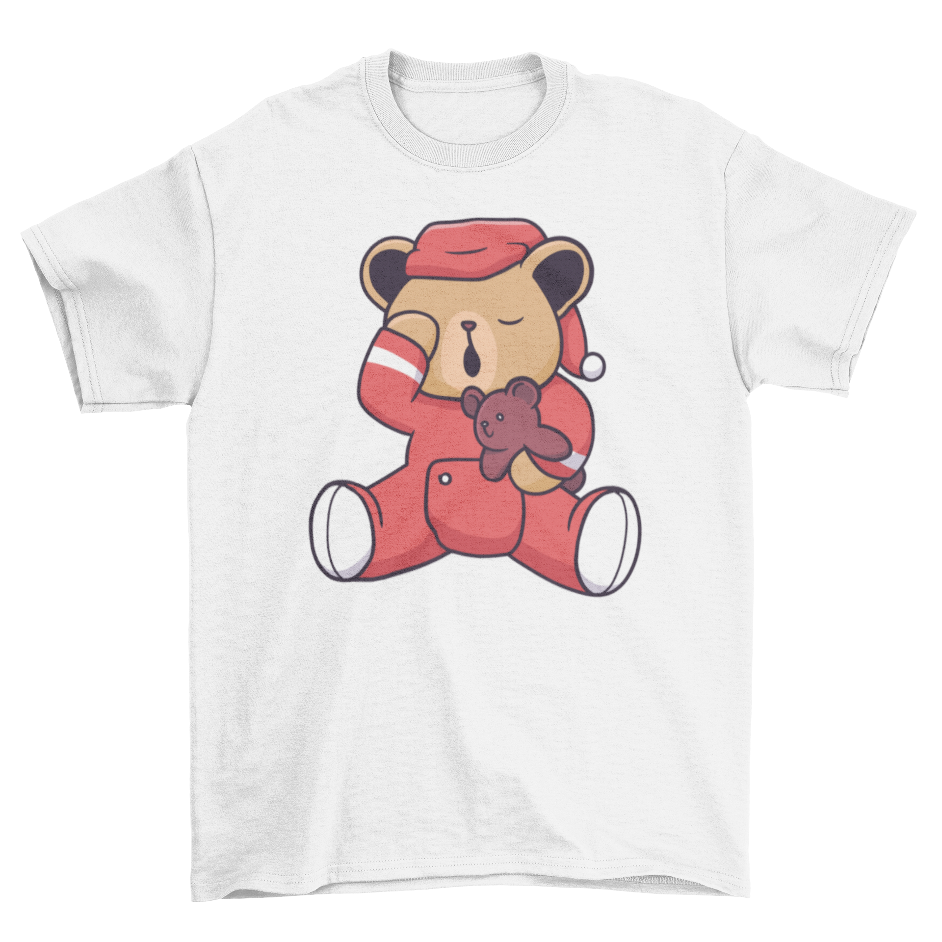 A cozy t-shirt featuring a sleepy cartoon bear holding a smaller teddy bear, perfect for bedtime or lounging.