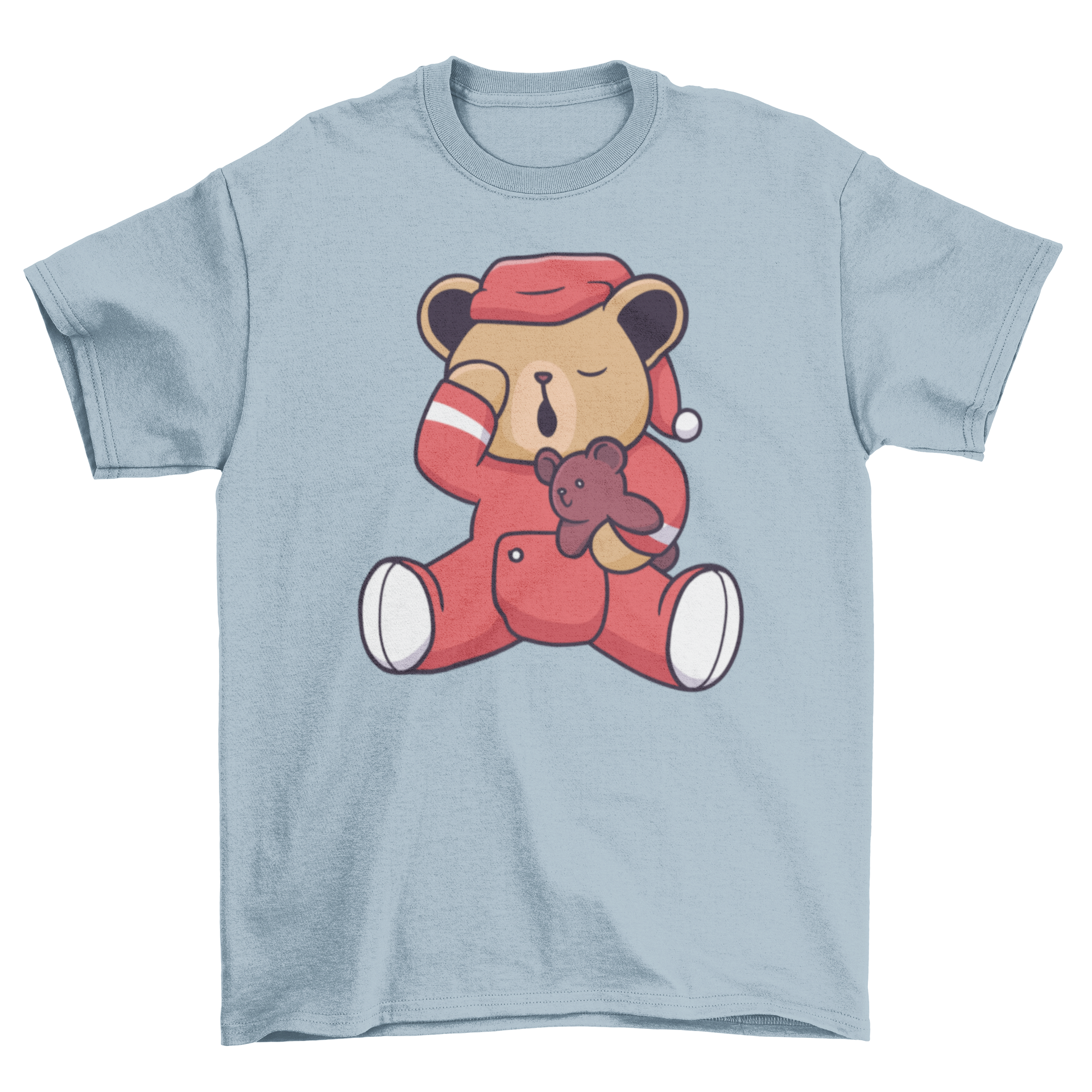 A cozy t-shirt featuring a sleepy cartoon bear holding a smaller teddy bear, perfect for bedtime or lounging.