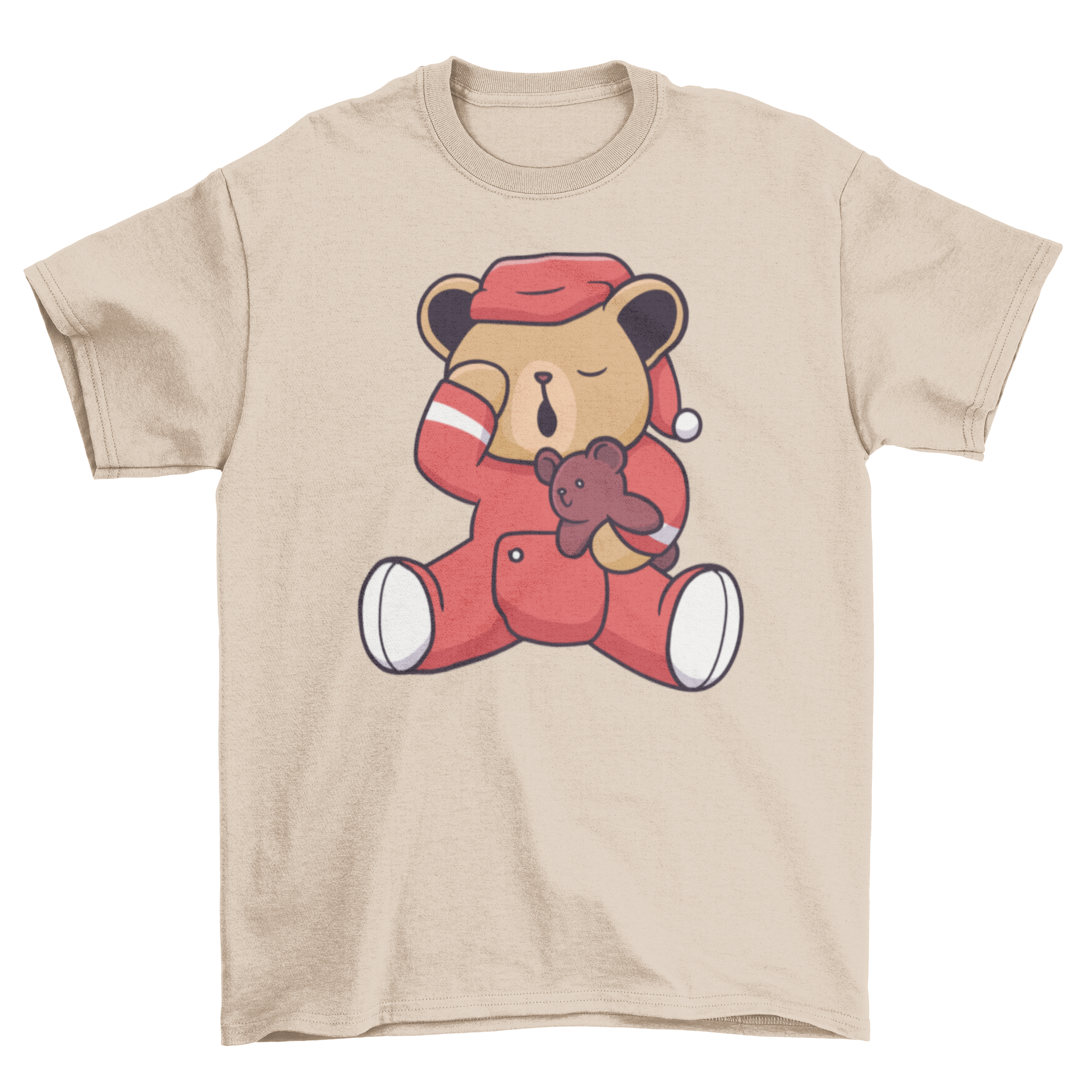 A cozy t-shirt featuring a sleepy cartoon bear holding a smaller teddy bear, perfect for bedtime or lounging.