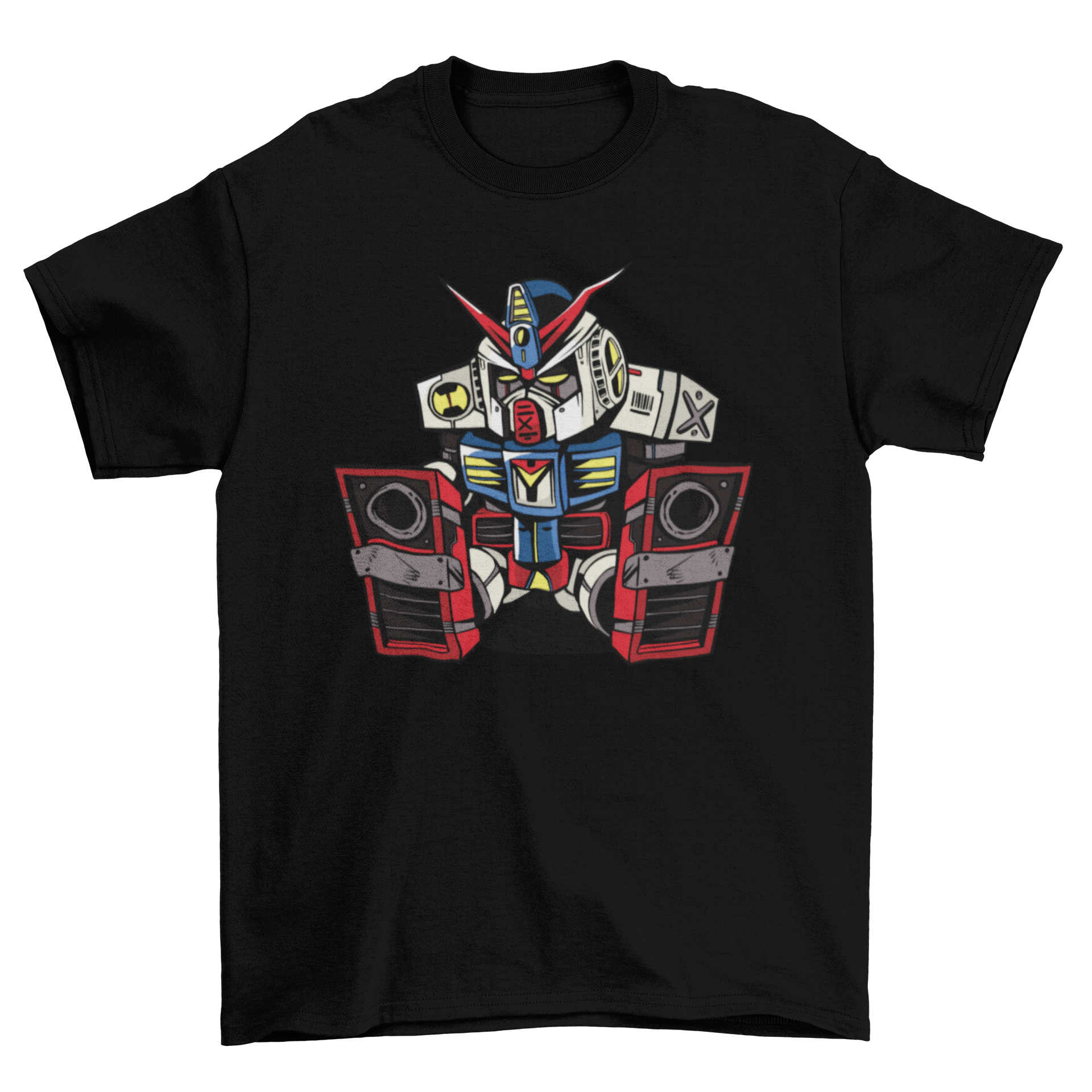 A colorful t-shirt featuring a mecha robot illustration, depicting the robot peacefully falling asleep.