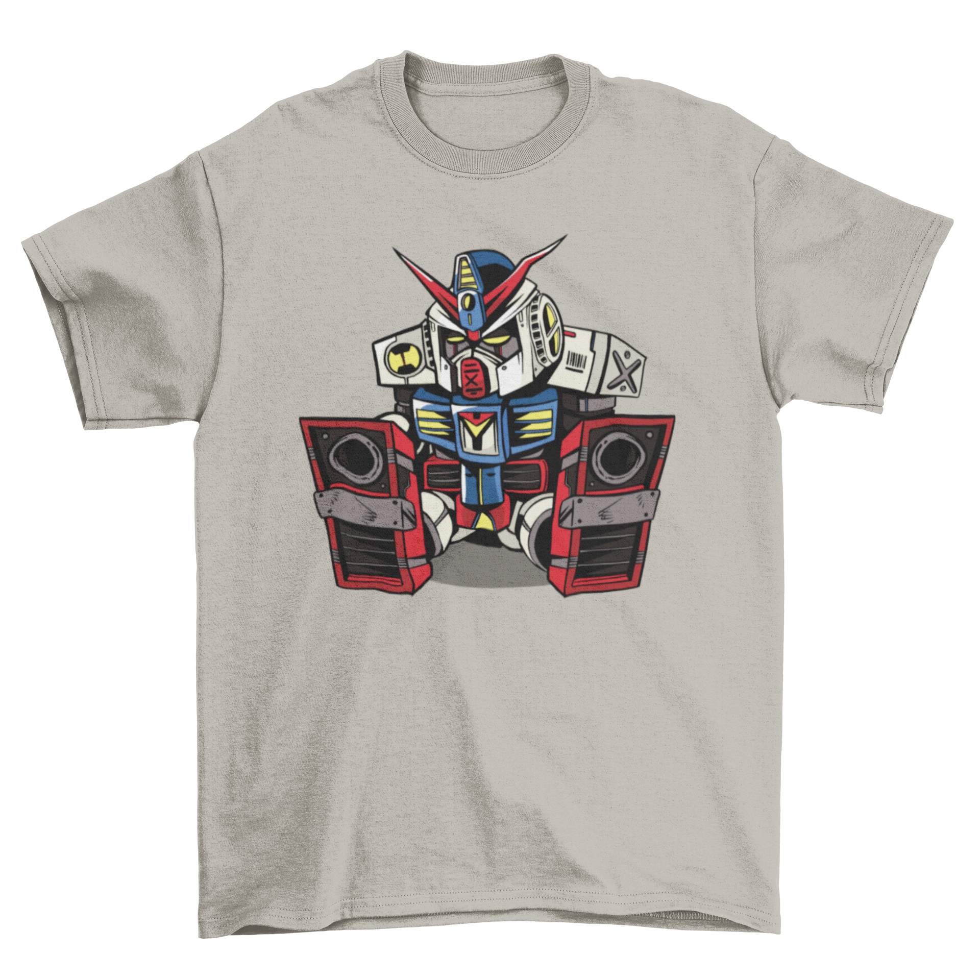 A colorful t-shirt featuring a mecha robot illustration, depicting the robot peacefully falling asleep.