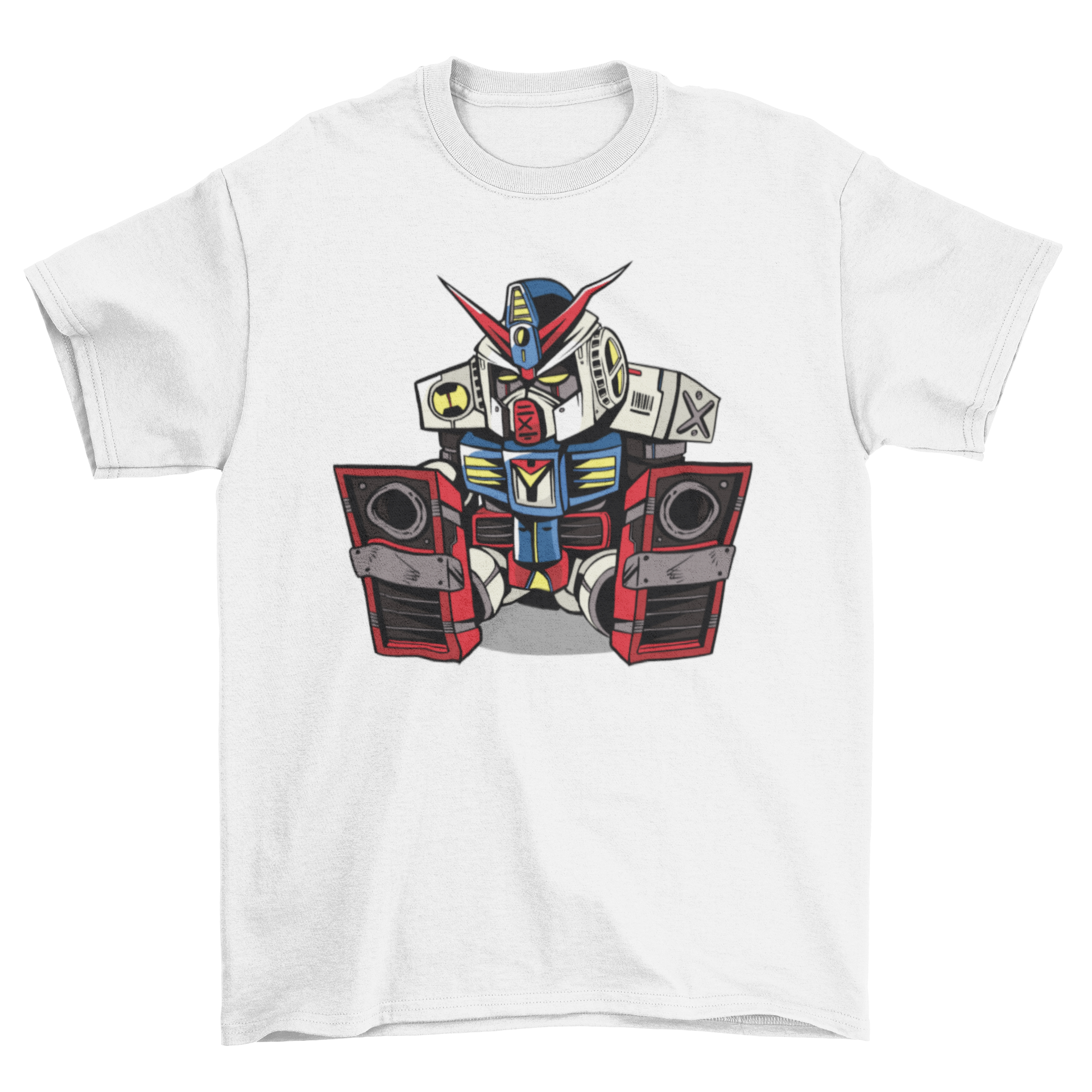 A colorful t-shirt featuring a mecha robot illustration, depicting the robot peacefully falling asleep.