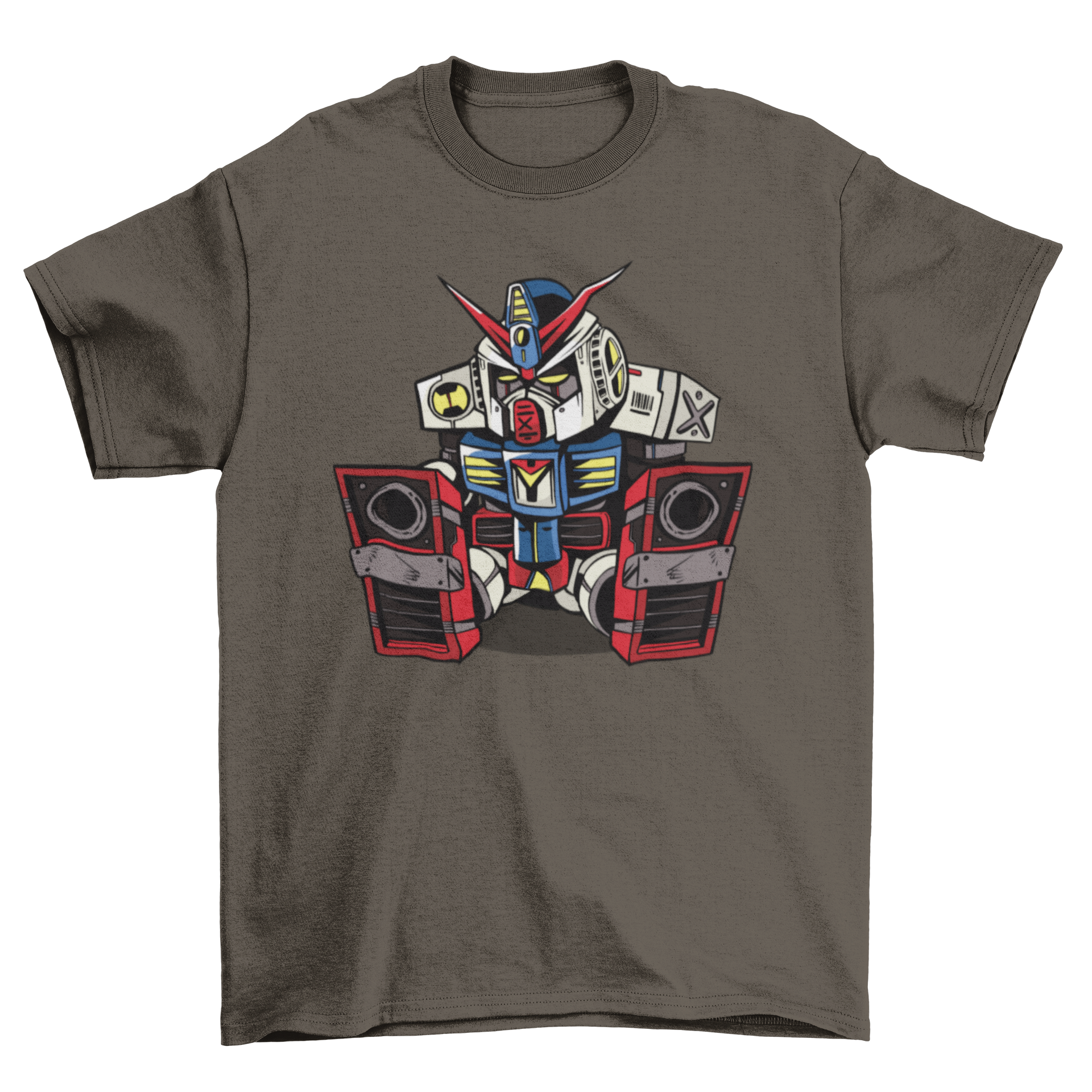 A colorful t-shirt featuring a mecha robot illustration, depicting the robot peacefully falling asleep.