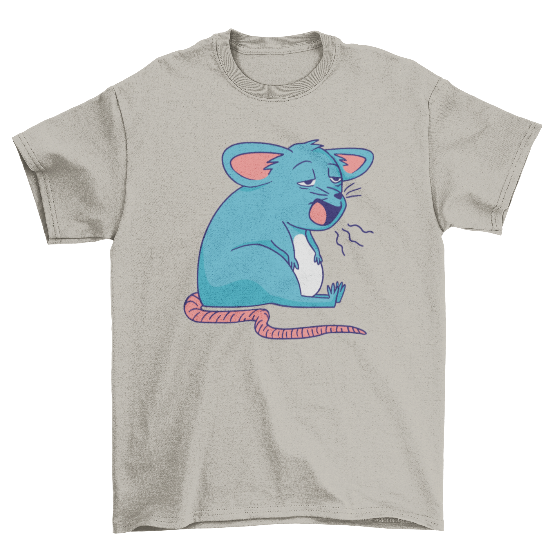 A soft t-shirt featuring a cute sleepy mouse design, yawning with a whimsical expression.