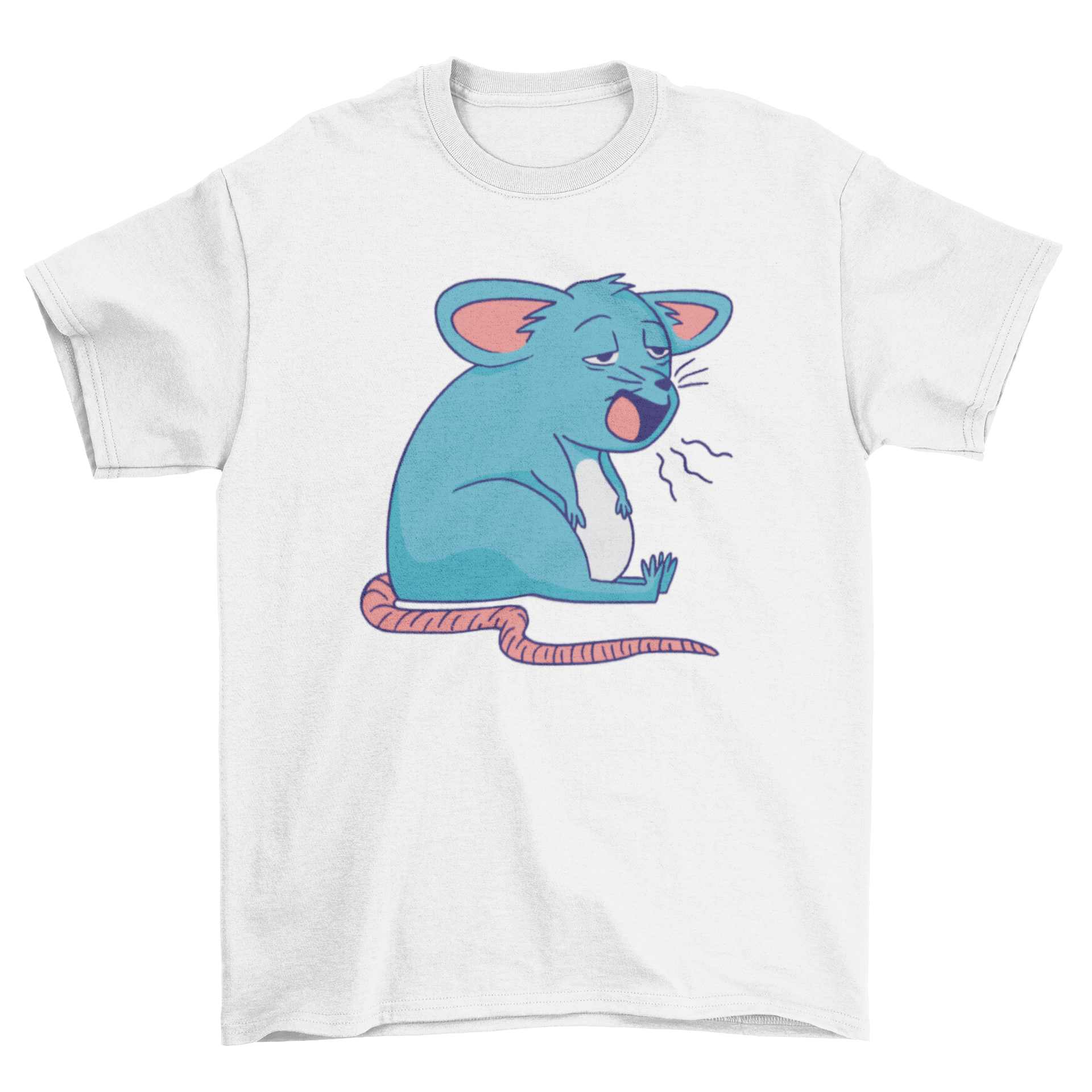 A soft t-shirt featuring a cute sleepy mouse design, yawning with a whimsical expression.