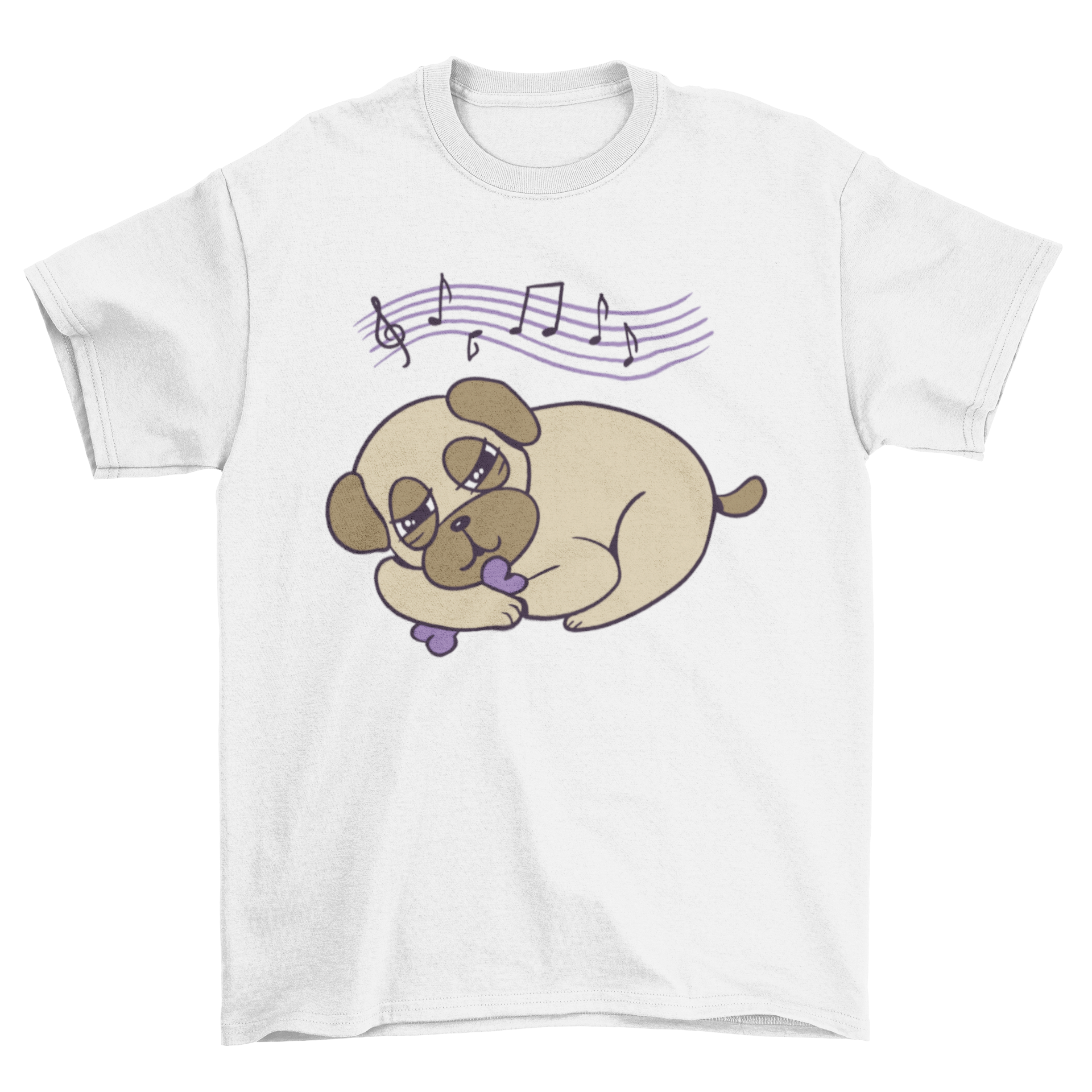 A cute t-shirt featuring a sleepy pug holding a bone, perfect for dog lovers.