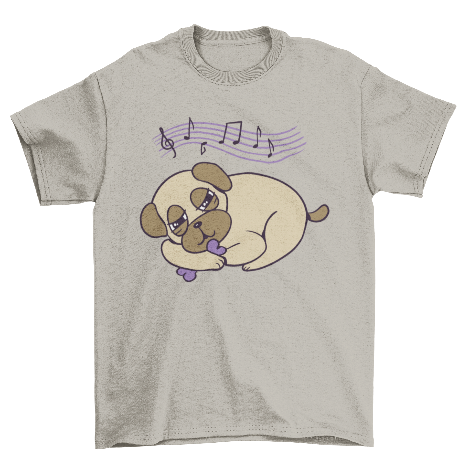 A cute t-shirt featuring a sleepy pug holding a bone, perfect for dog lovers.