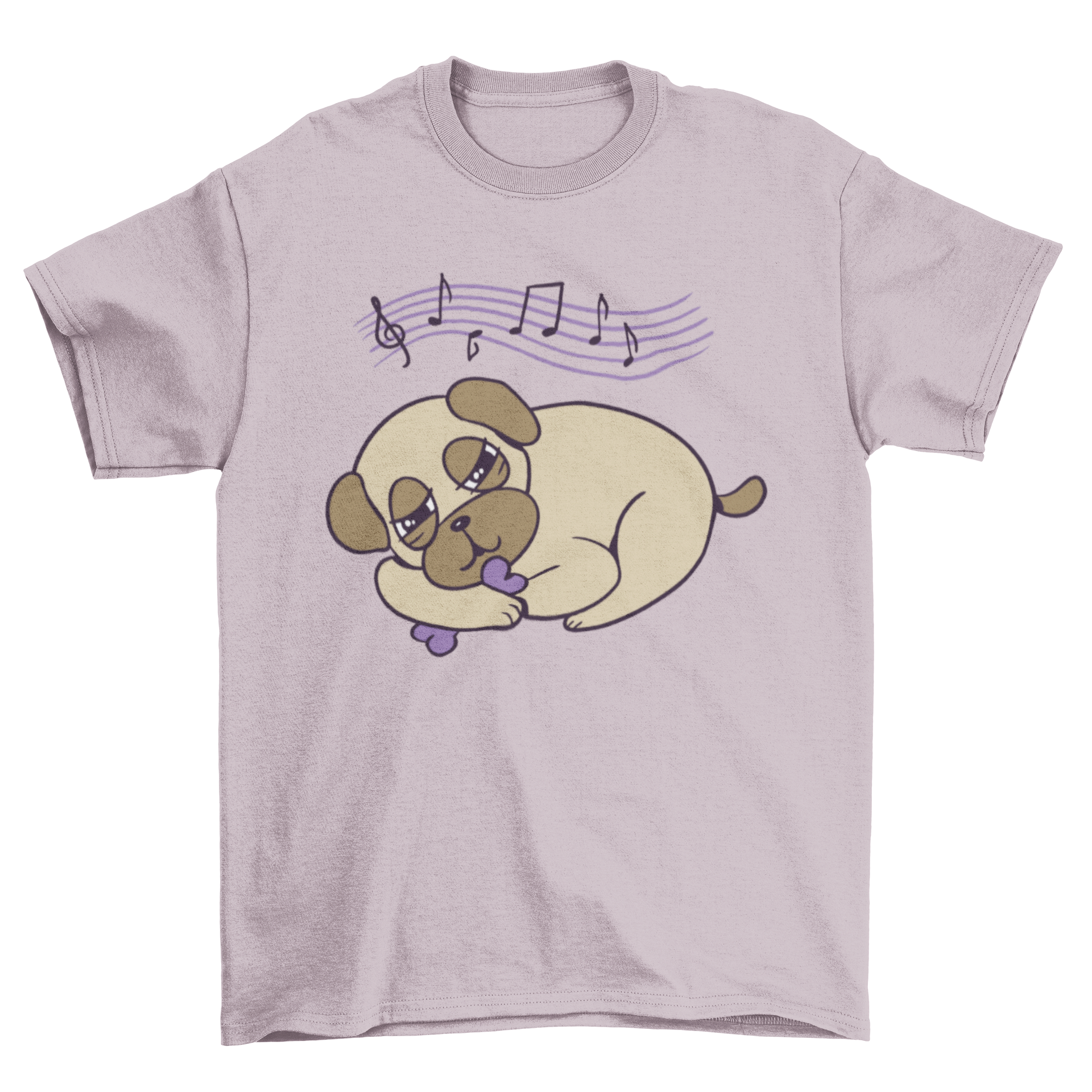 A cute t-shirt featuring a sleepy pug holding a bone, perfect for dog lovers.