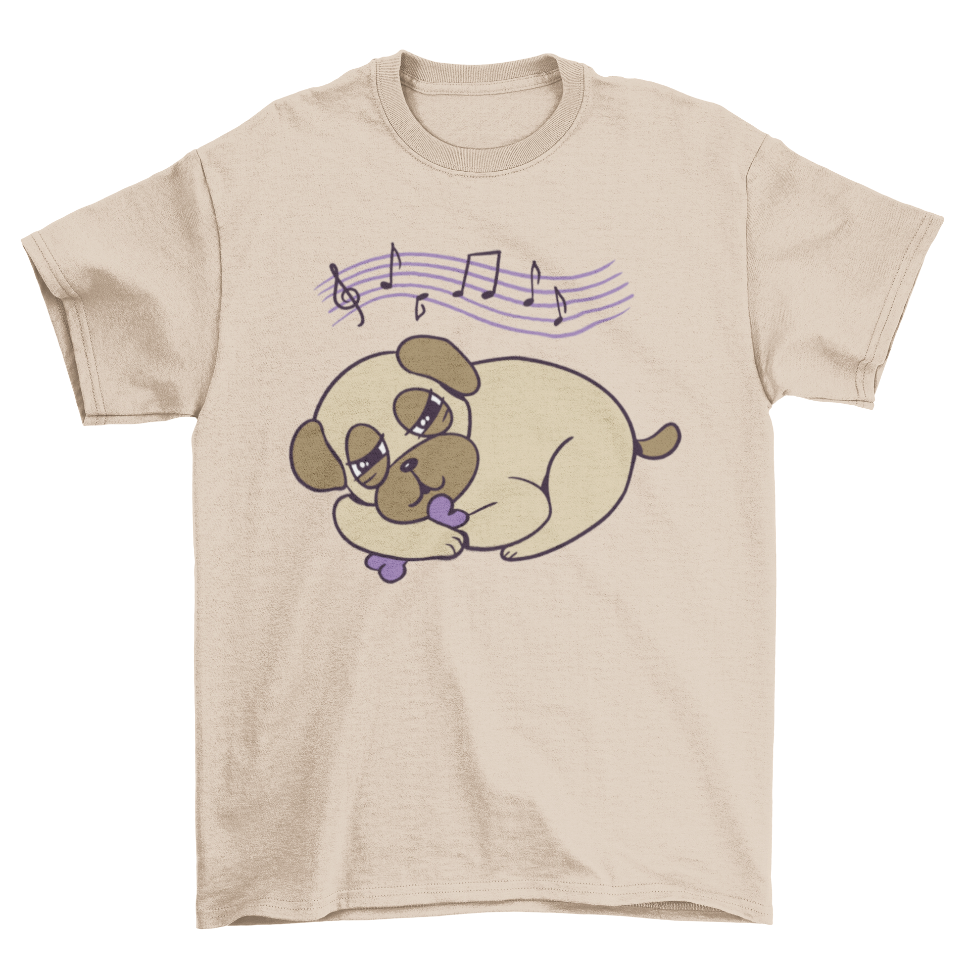 A cute t-shirt featuring a sleepy pug holding a bone, perfect for dog lovers.