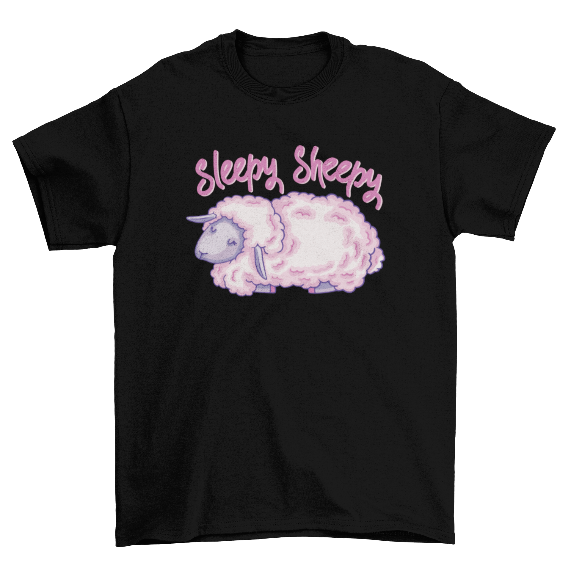 A cute pink sheep graphic on a t-shirt with the quote 'Sleepy sheepy'.