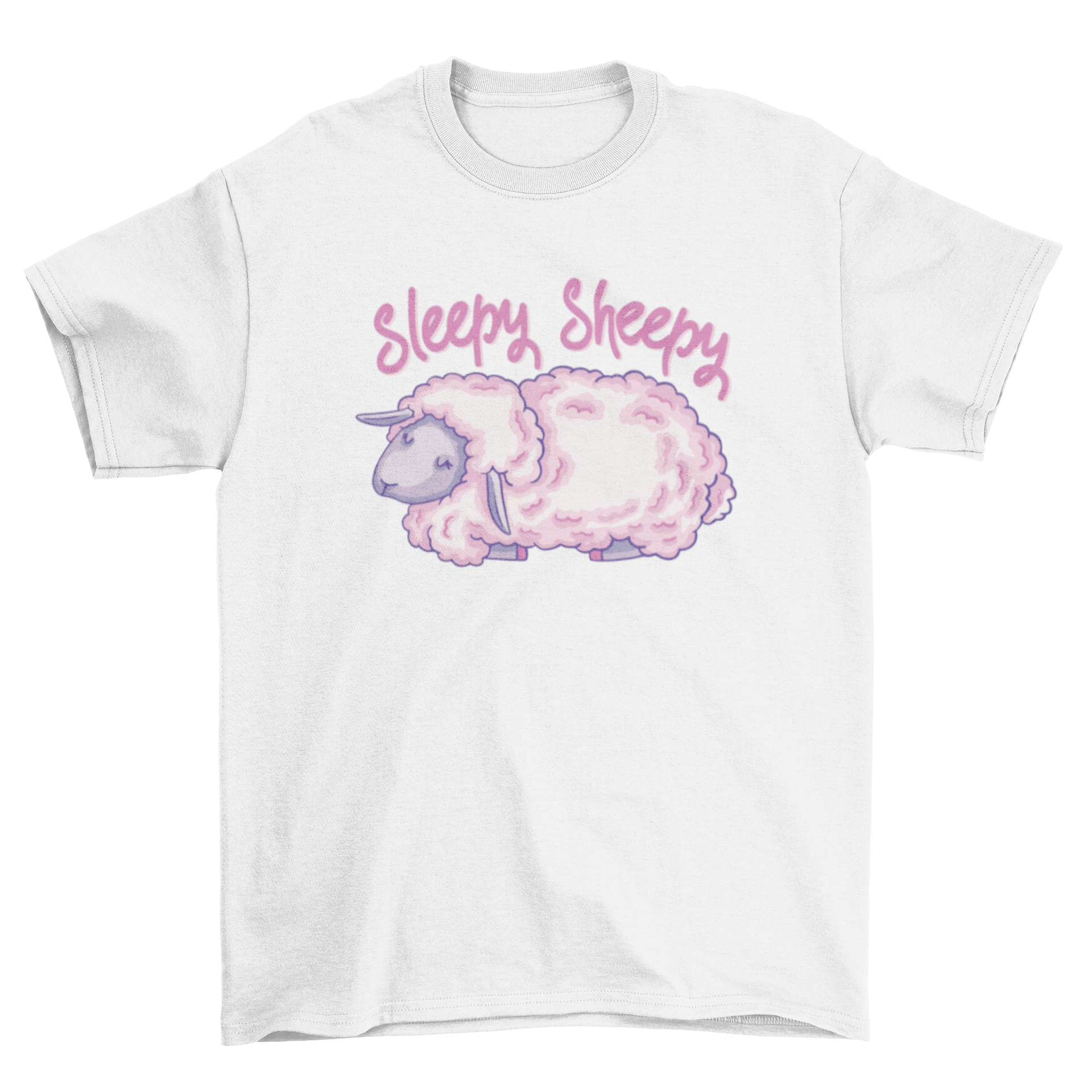 A cute pink sheep graphic on a t-shirt with the quote 'Sleepy sheepy'.