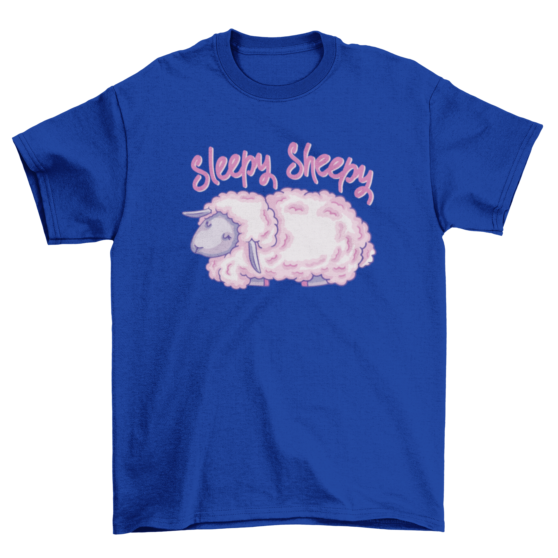 A cute pink sheep graphic on a t-shirt with the quote 'Sleepy sheepy'.