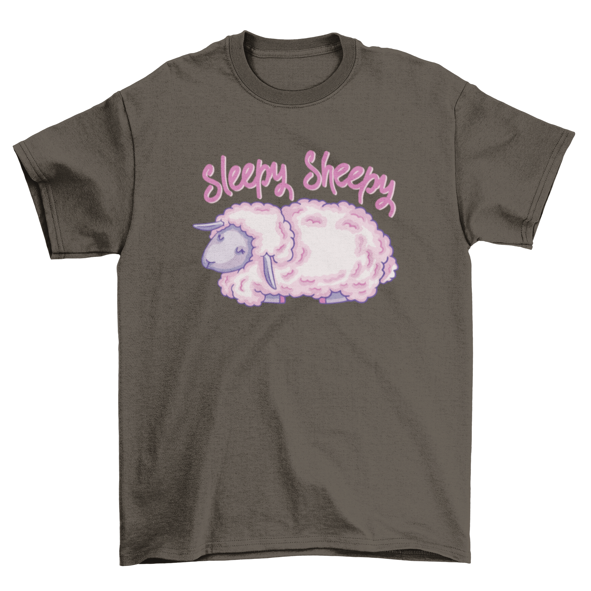 A cute pink sheep graphic on a t-shirt with the quote 'Sleepy sheepy'.