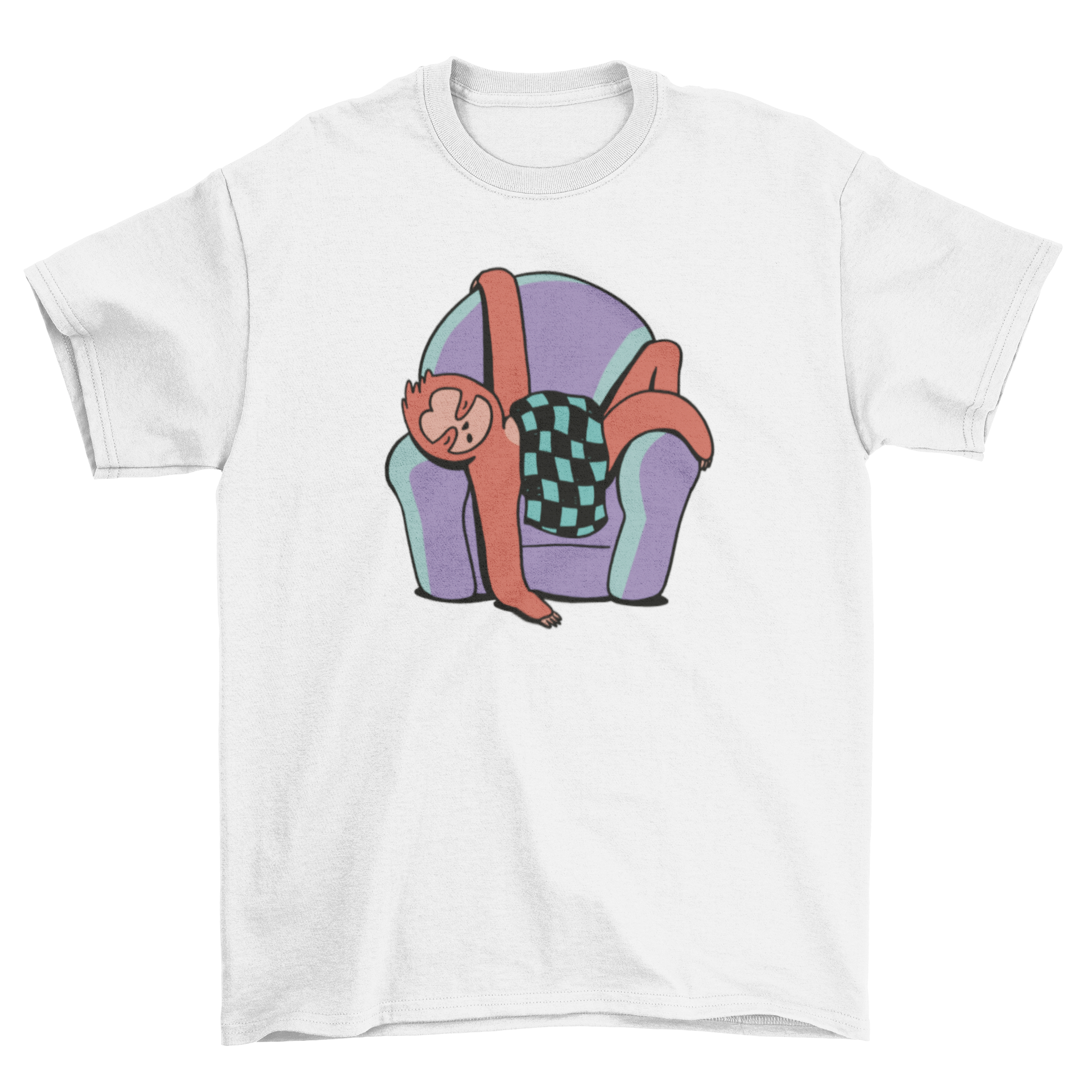 A cozy t-shirt featuring a cute sleeping sloth design on an armchair, perfect for casual wear.