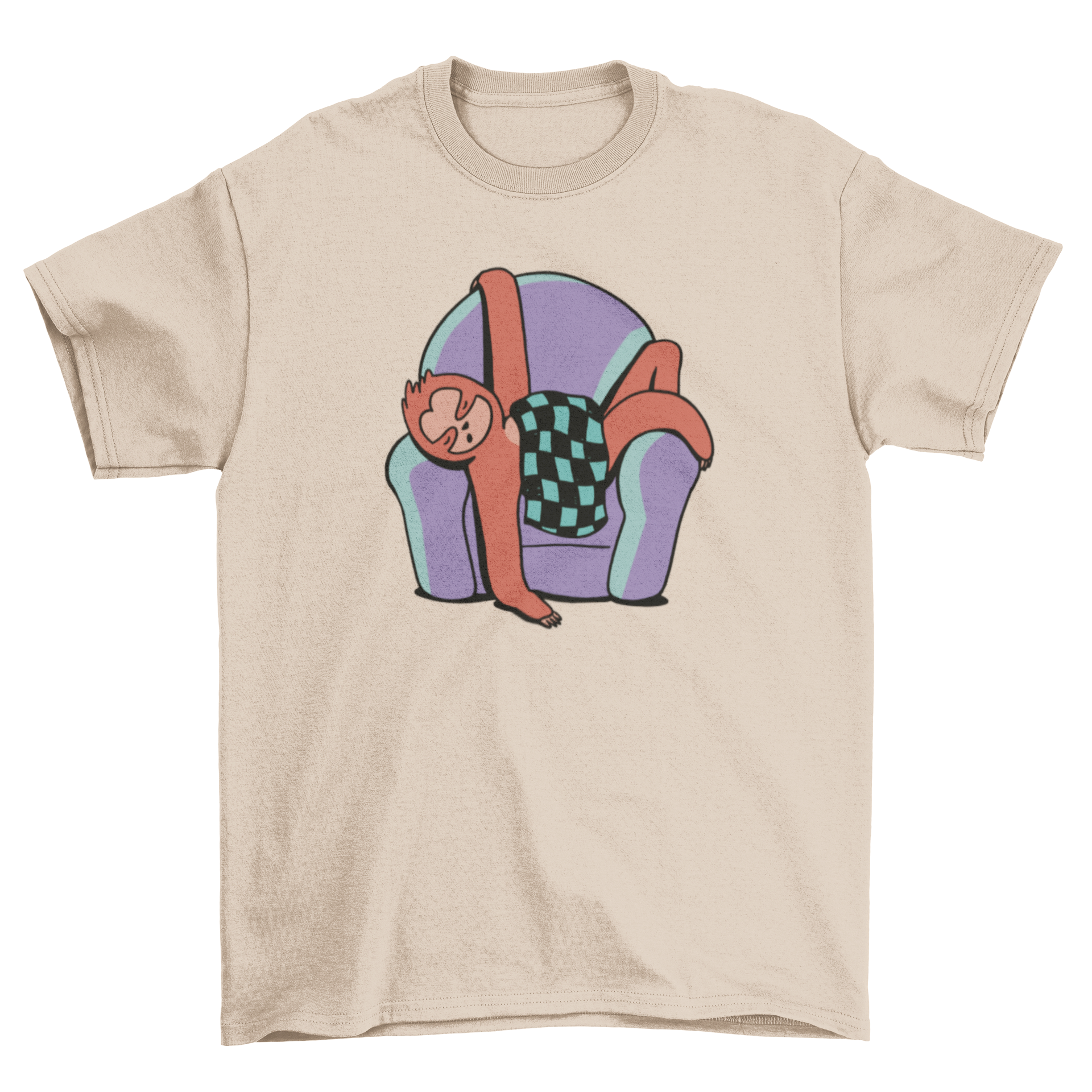 A cozy t-shirt featuring a cute sleeping sloth design on an armchair, perfect for casual wear.