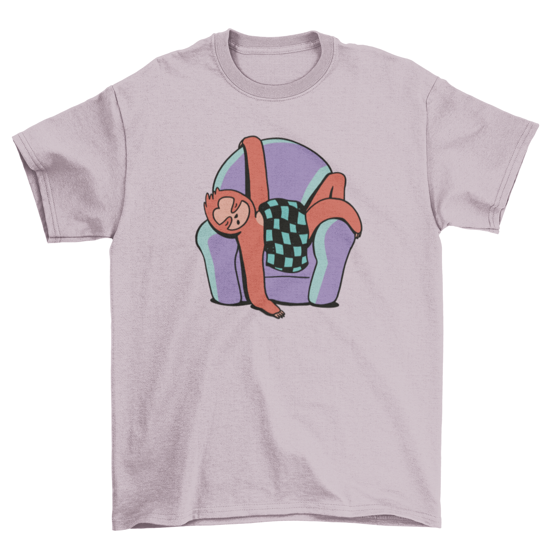 A cozy t-shirt featuring a cute sleeping sloth design on an armchair, perfect for casual wear.