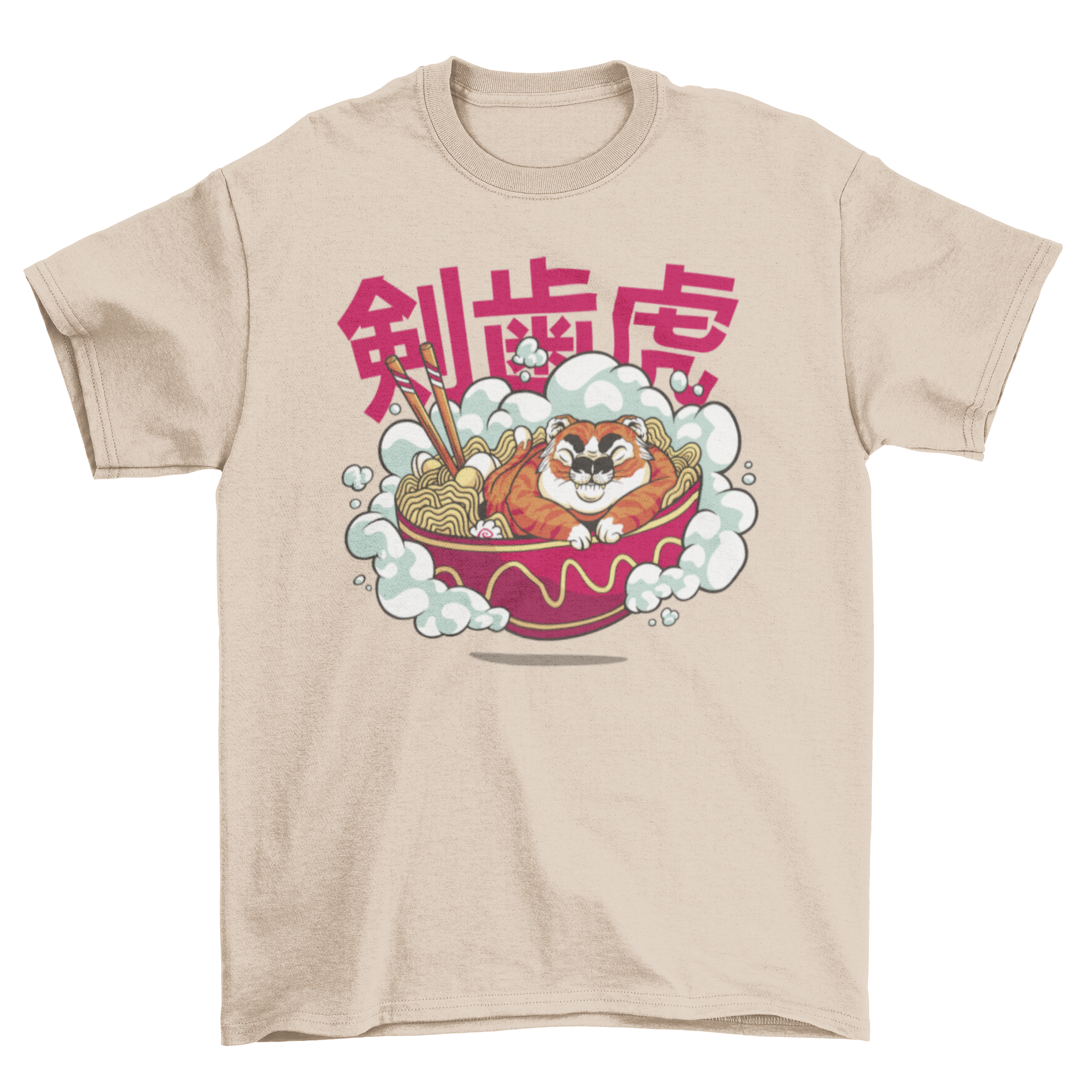 A stylish t-shirt featuring a unique design of a sleeping tiger in a ramen bowl, showcasing Japanese culture.