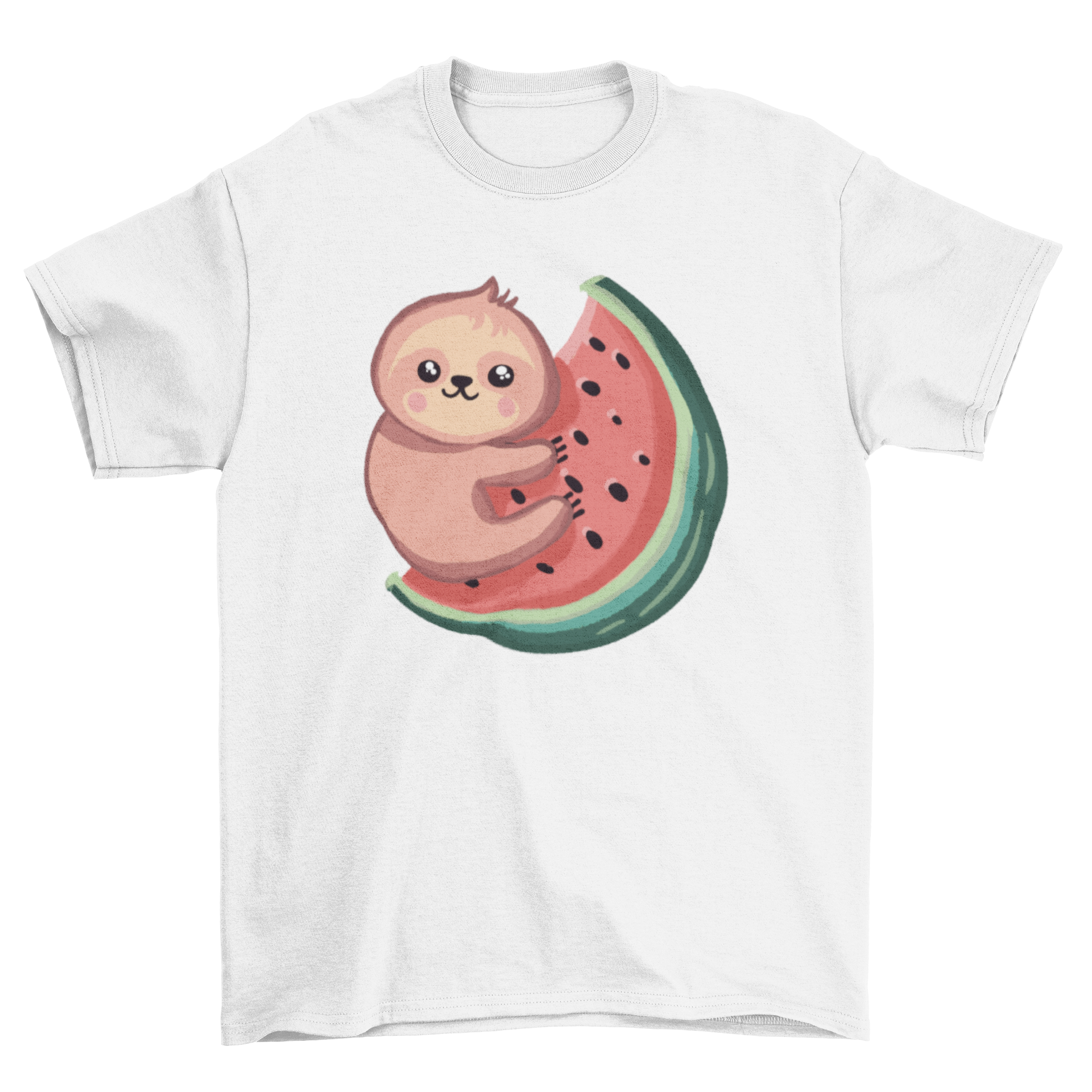 A cute t-shirt featuring a sloth hugging a watermelon, showcasing vibrant colors and playful design.