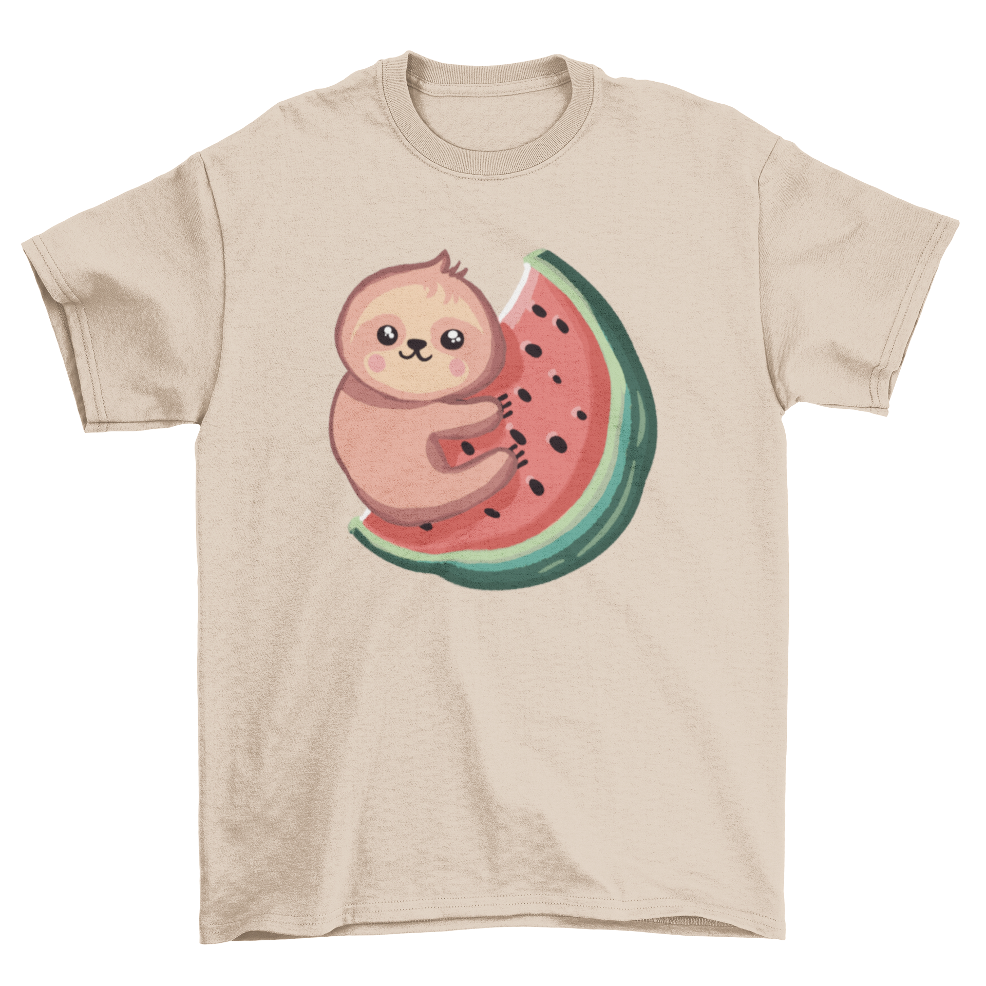 A cute t-shirt featuring a sloth hugging a watermelon, showcasing vibrant colors and playful design.