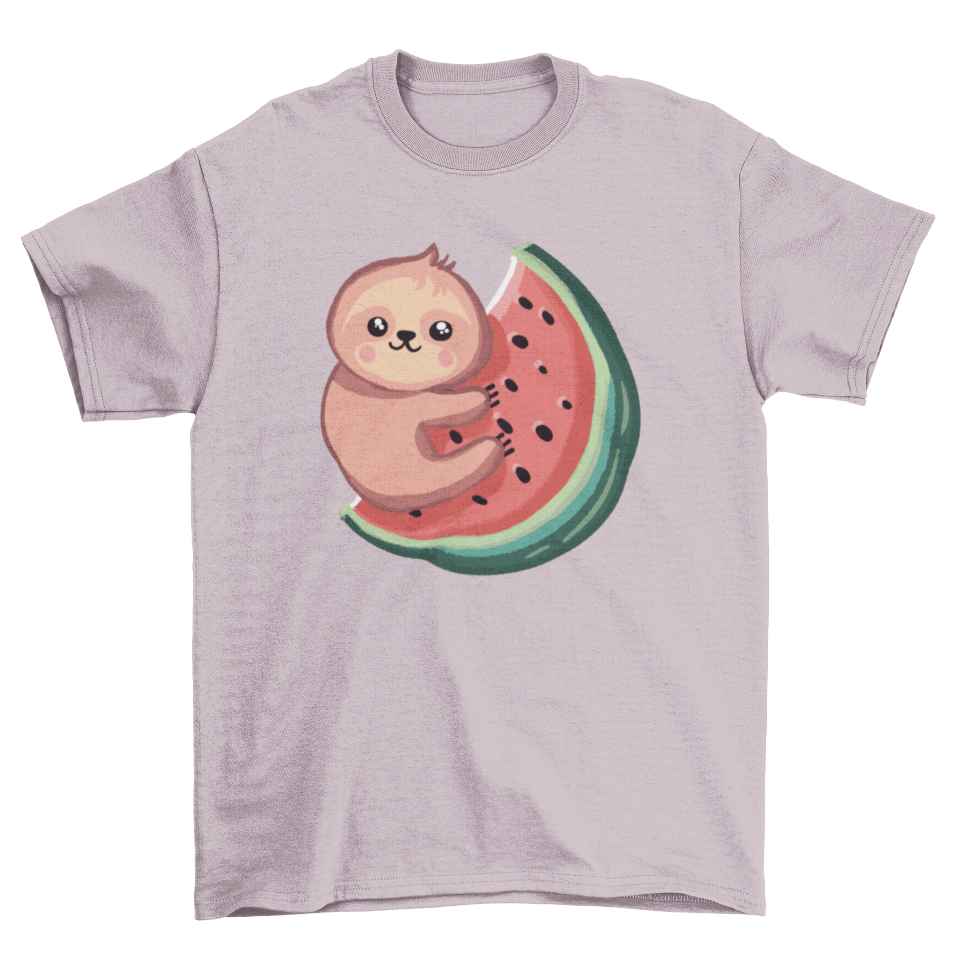 A cute t-shirt featuring a sloth hugging a watermelon, showcasing vibrant colors and playful design.