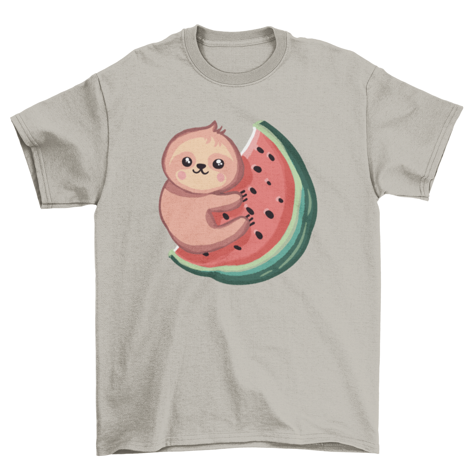 A cute t-shirt featuring a sloth hugging a watermelon, showcasing vibrant colors and playful design.