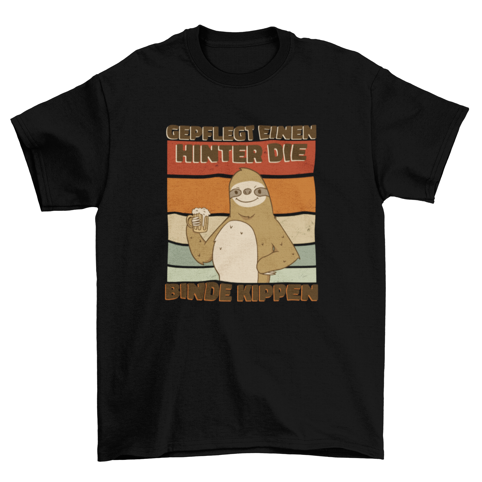 A playful t-shirt featuring a sloth drinking beer with a humorous German quote.