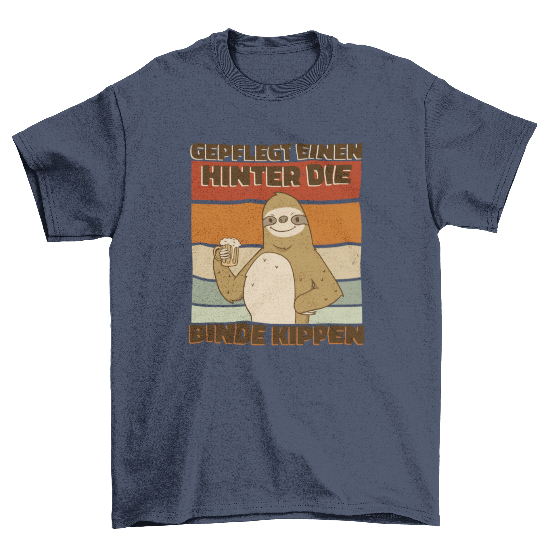 A playful t-shirt featuring a sloth drinking beer with a humorous German quote.