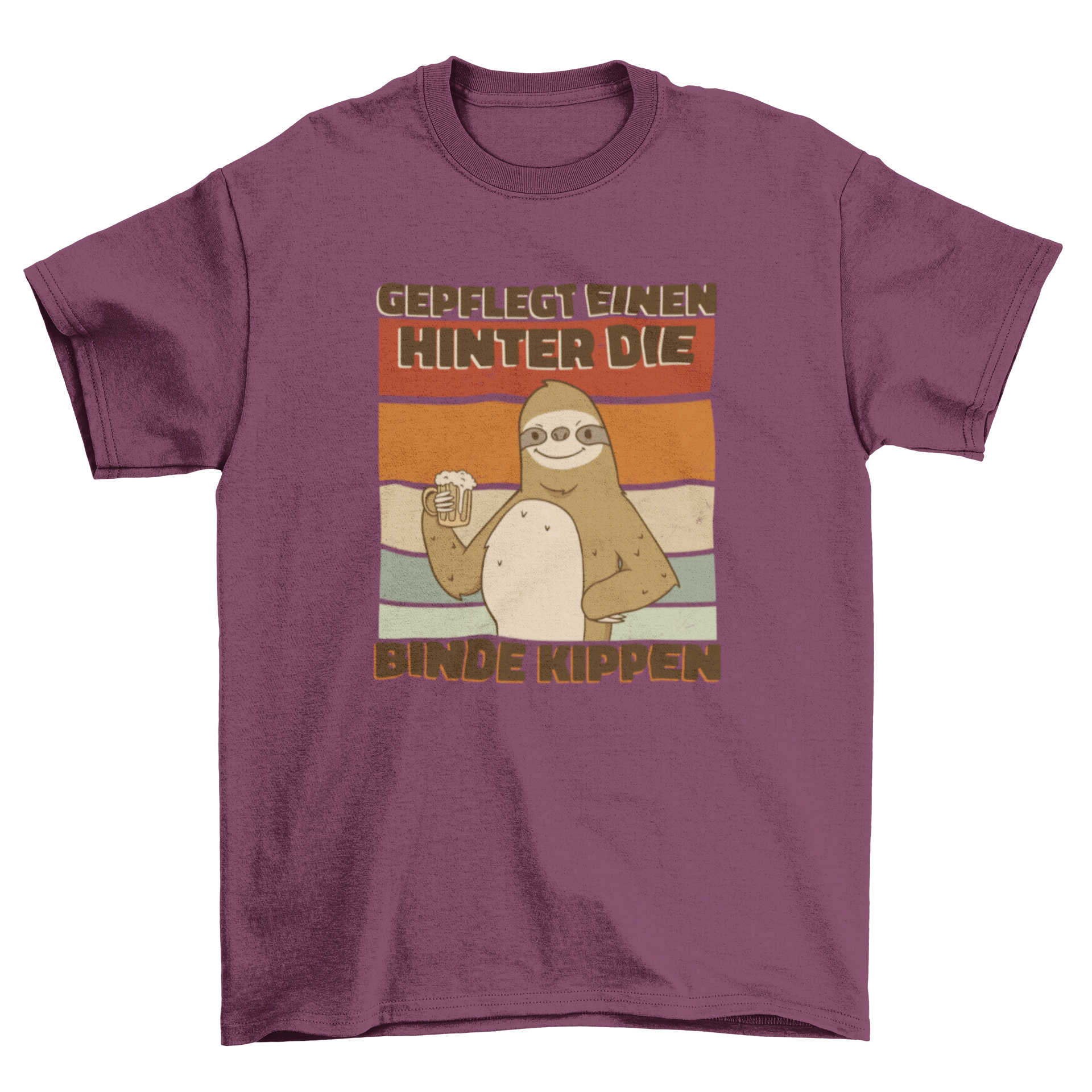 A playful t-shirt featuring a sloth drinking beer with a humorous German quote.