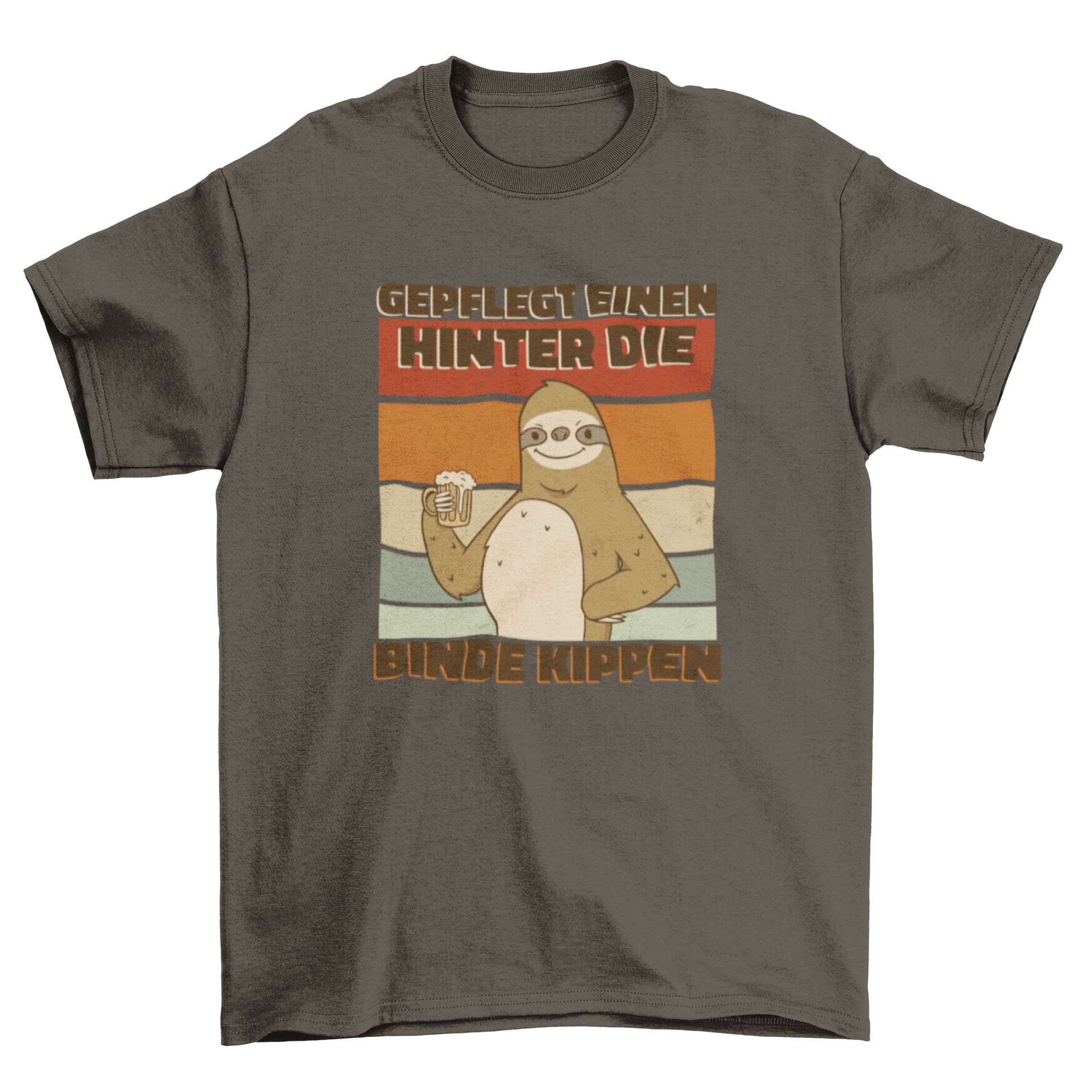 A playful t-shirt featuring a sloth drinking beer with a humorous German quote.