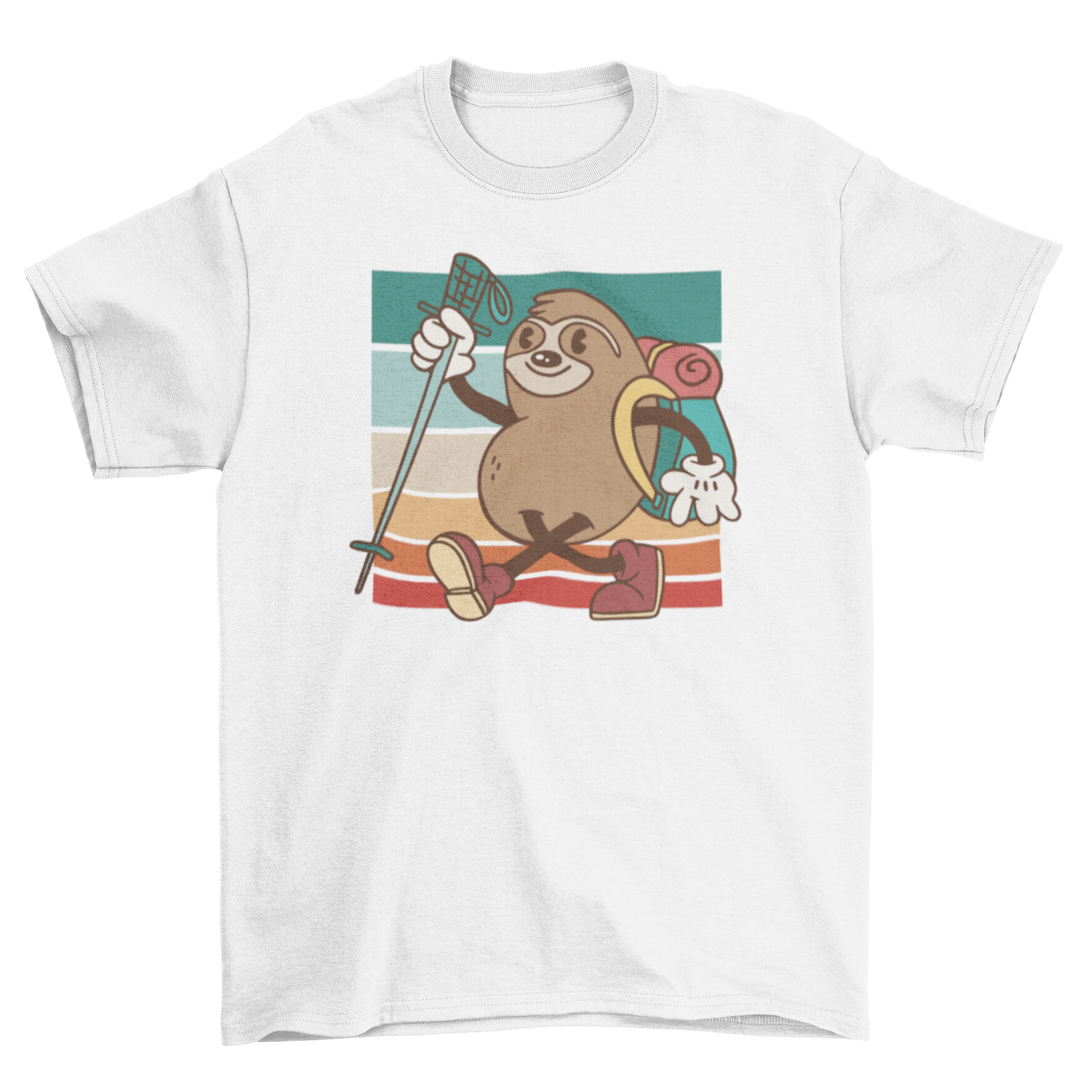 A comfortable t-shirt featuring a playful sloth hiking design, perfect for outdoor enthusiasts.