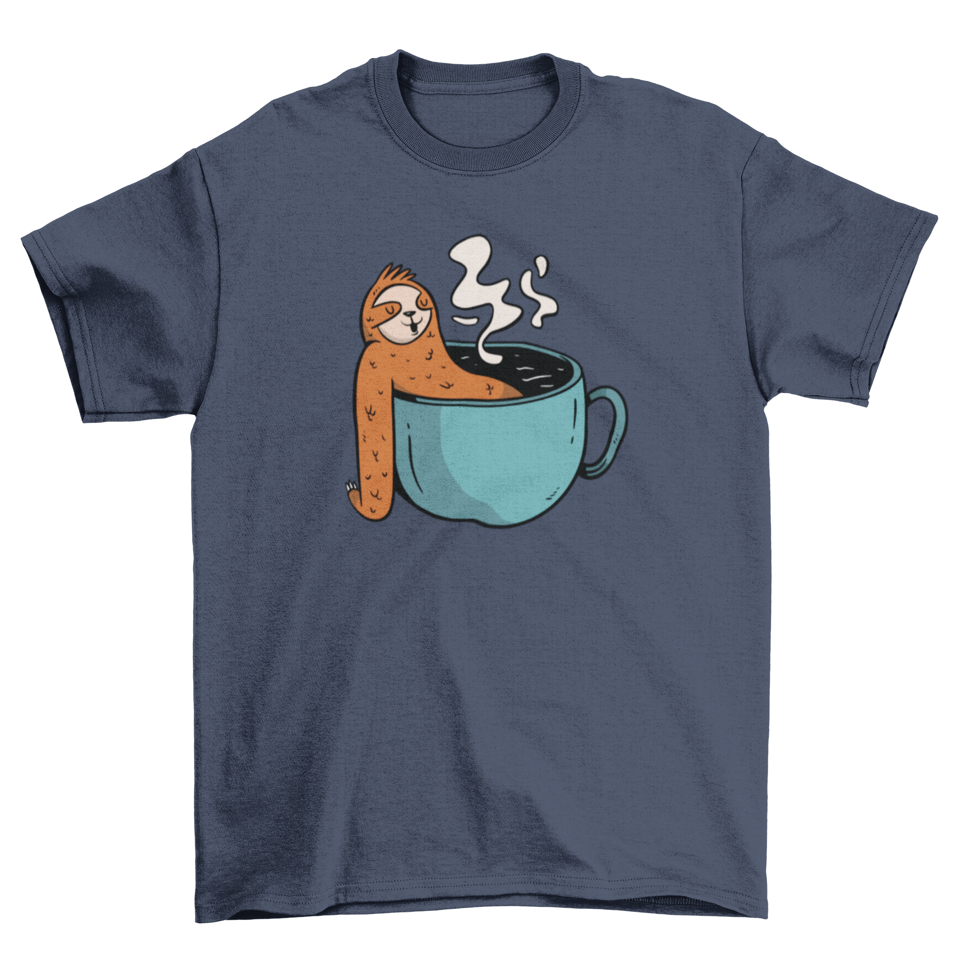 A cozy t-shirt featuring a cute sloth relaxing inside a coffee cup, perfect for coffee lovers.