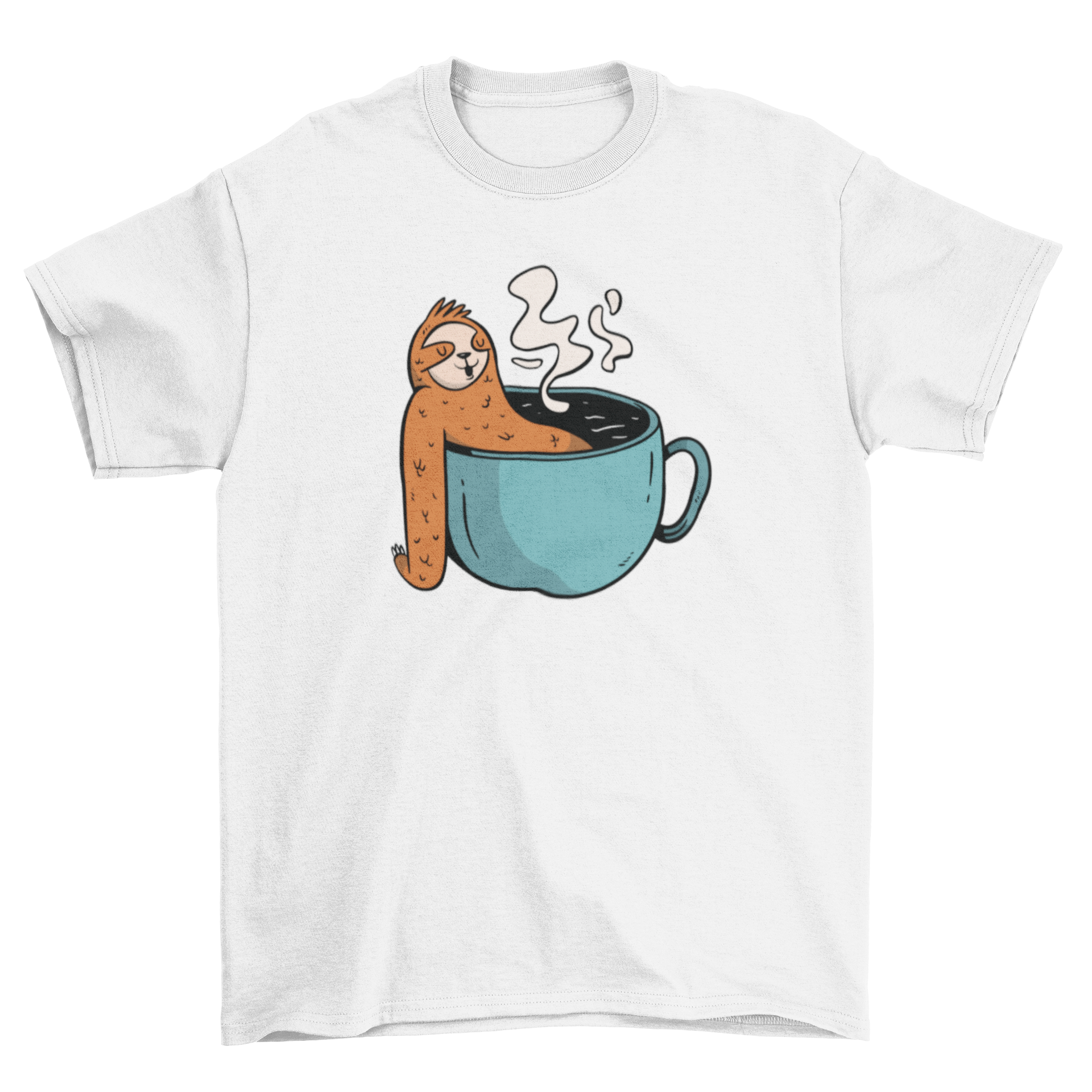 A cozy t-shirt featuring a cute sloth relaxing inside a coffee cup, perfect for coffee lovers.