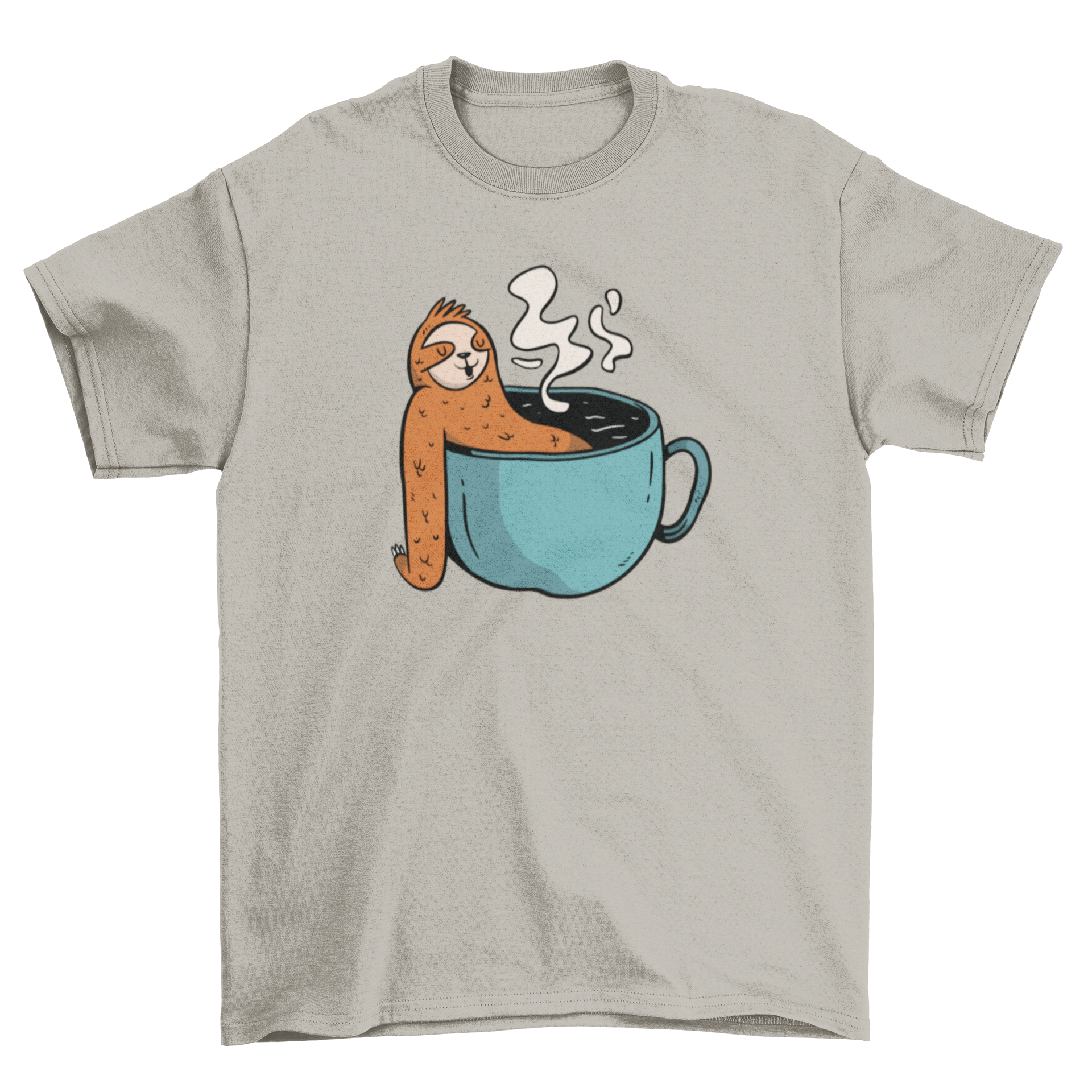 A cozy t-shirt featuring a cute sloth relaxing inside a coffee cup, perfect for coffee lovers.