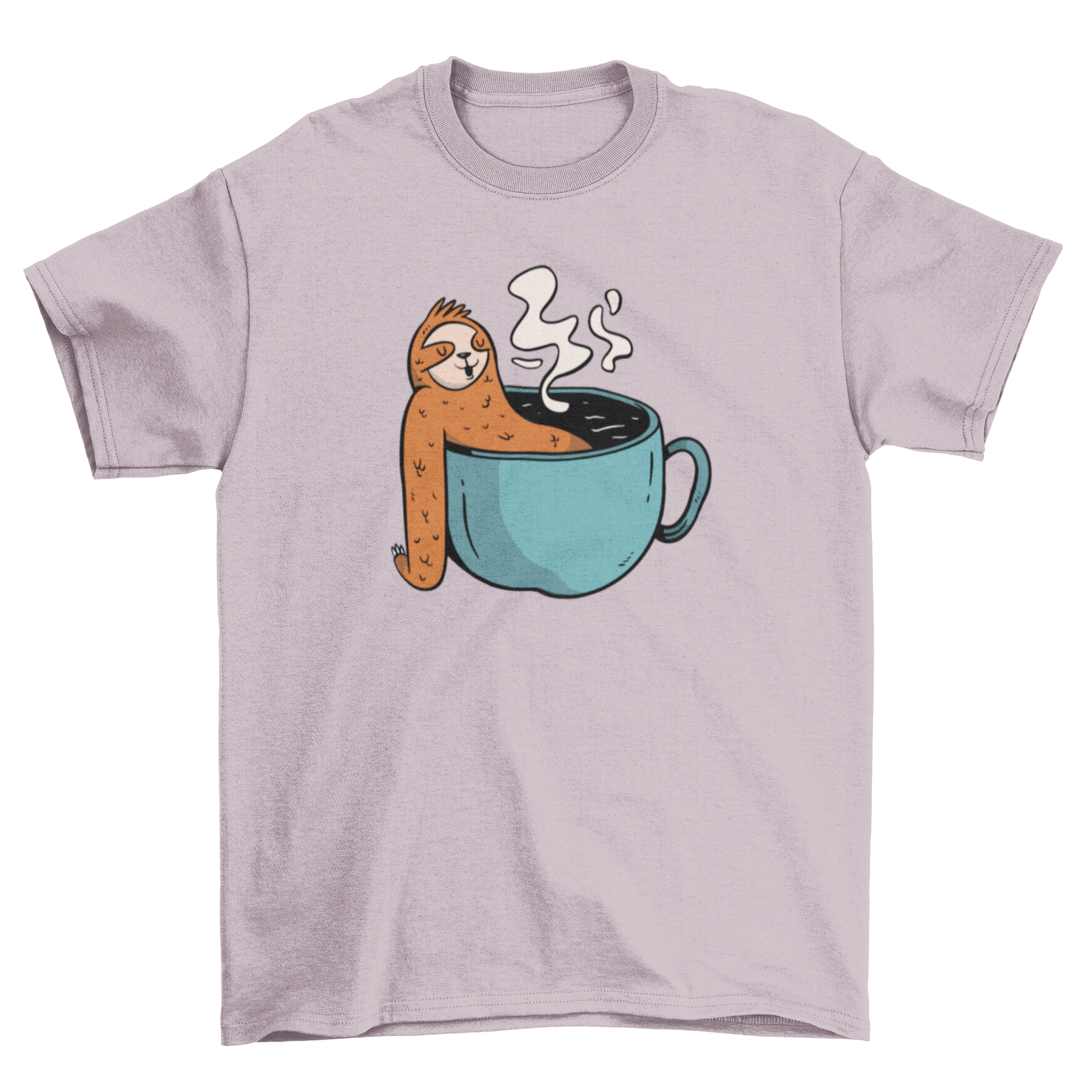 A cozy t-shirt featuring a cute sloth relaxing inside a coffee cup, perfect for coffee lovers.