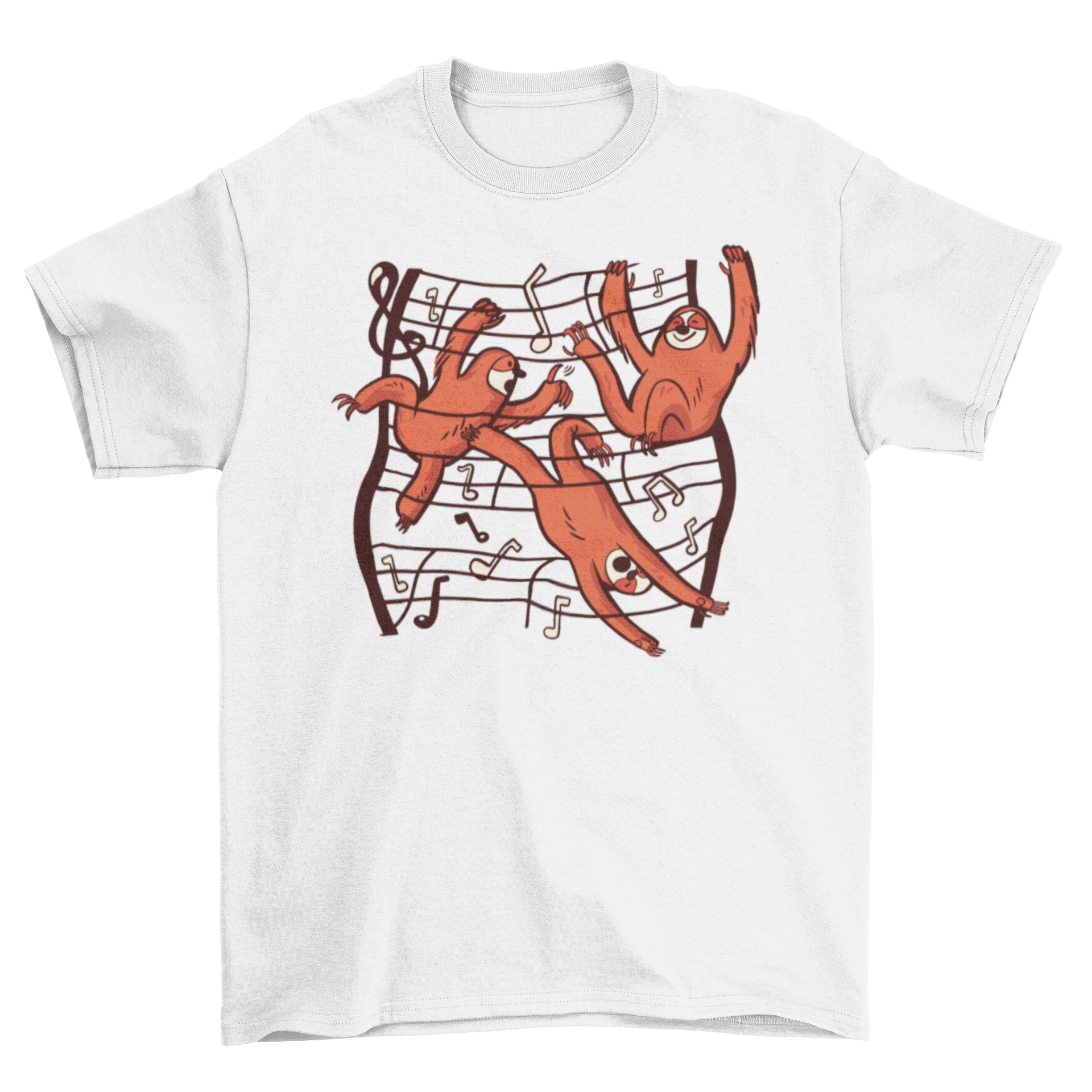 A cute t-shirt featuring three playful sloths surrounded by musical notes, perfect for music lovers.