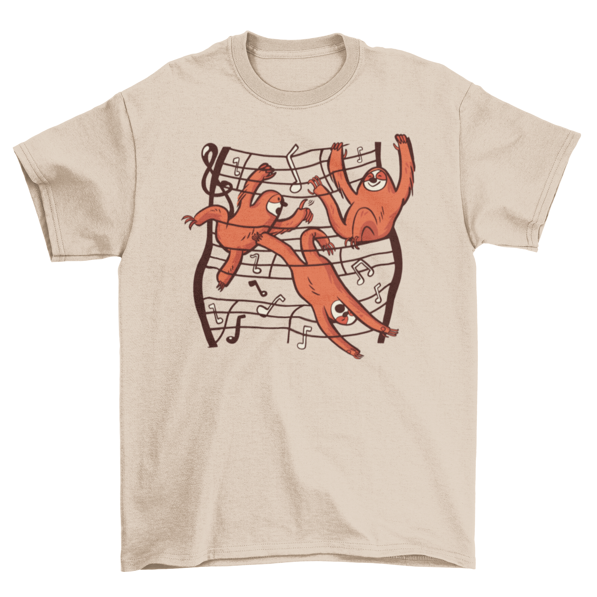 A cute t-shirt featuring three playful sloths surrounded by musical notes, perfect for music lovers.