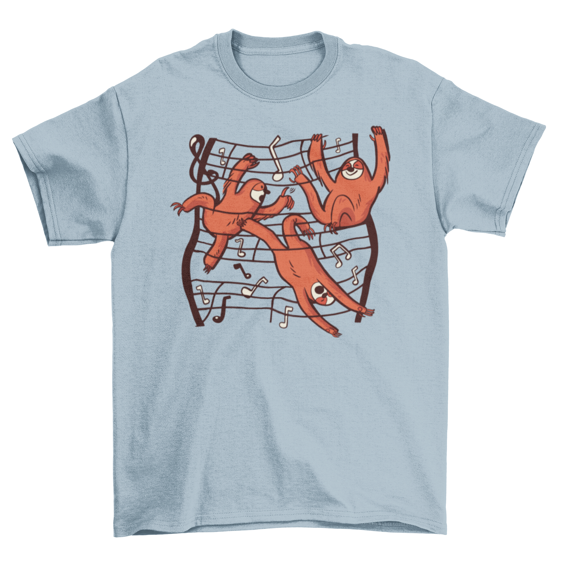 A cute t-shirt featuring three playful sloths surrounded by musical notes, perfect for music lovers.