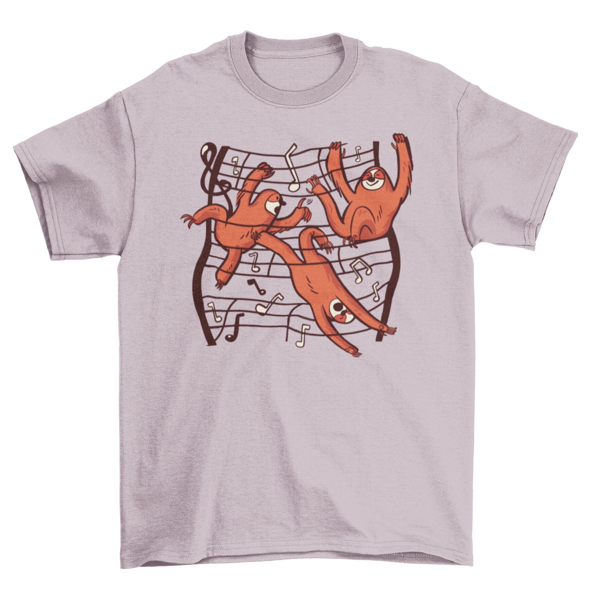 A cute t-shirt featuring three playful sloths surrounded by musical notes, perfect for music lovers.