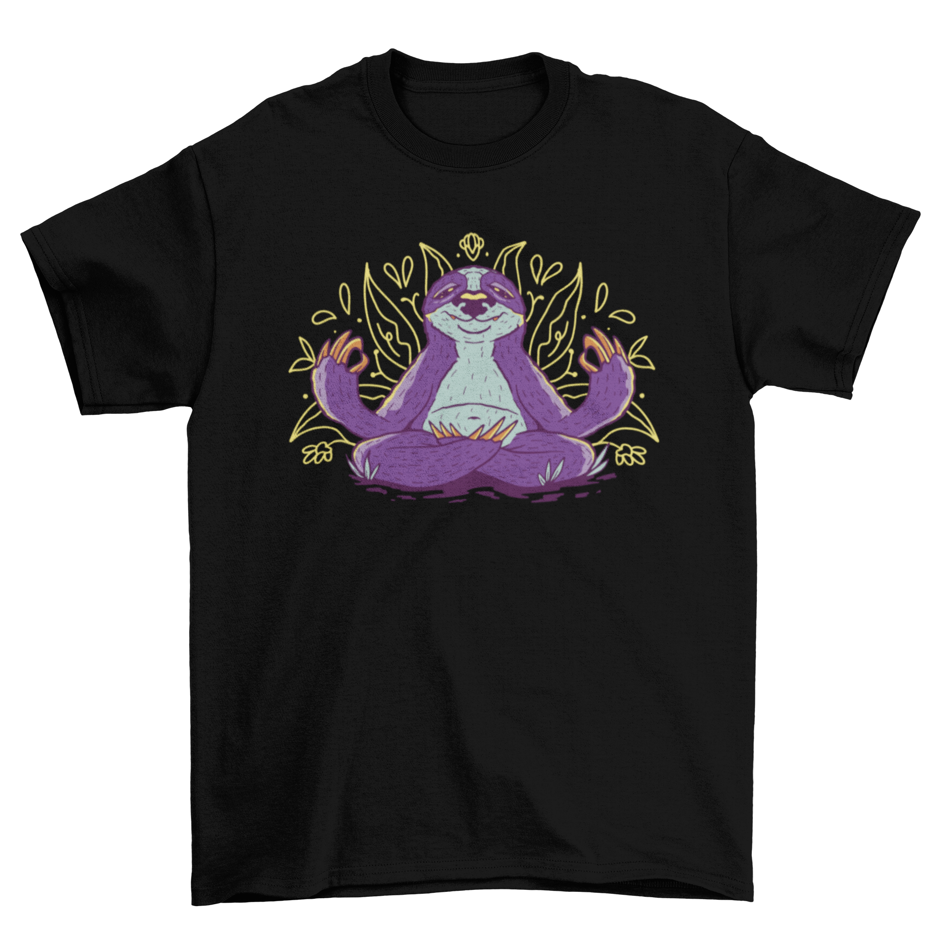 A fun t-shirt featuring a sloth in a meditative pose, showcasing relaxation and tranquility.