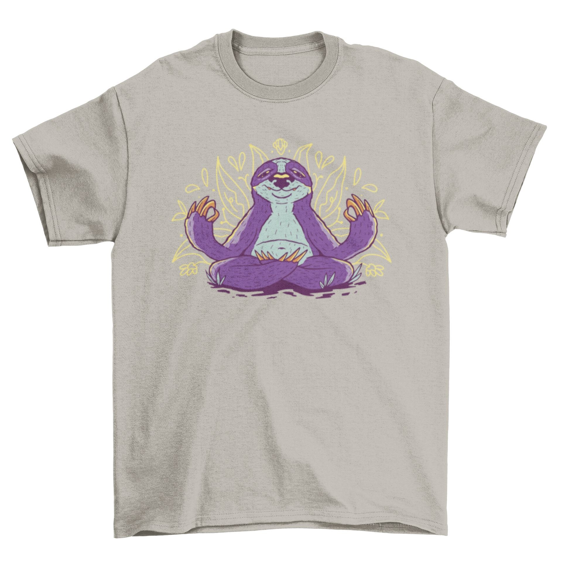 A fun t-shirt featuring a sloth in a meditative pose, showcasing relaxation and tranquility.