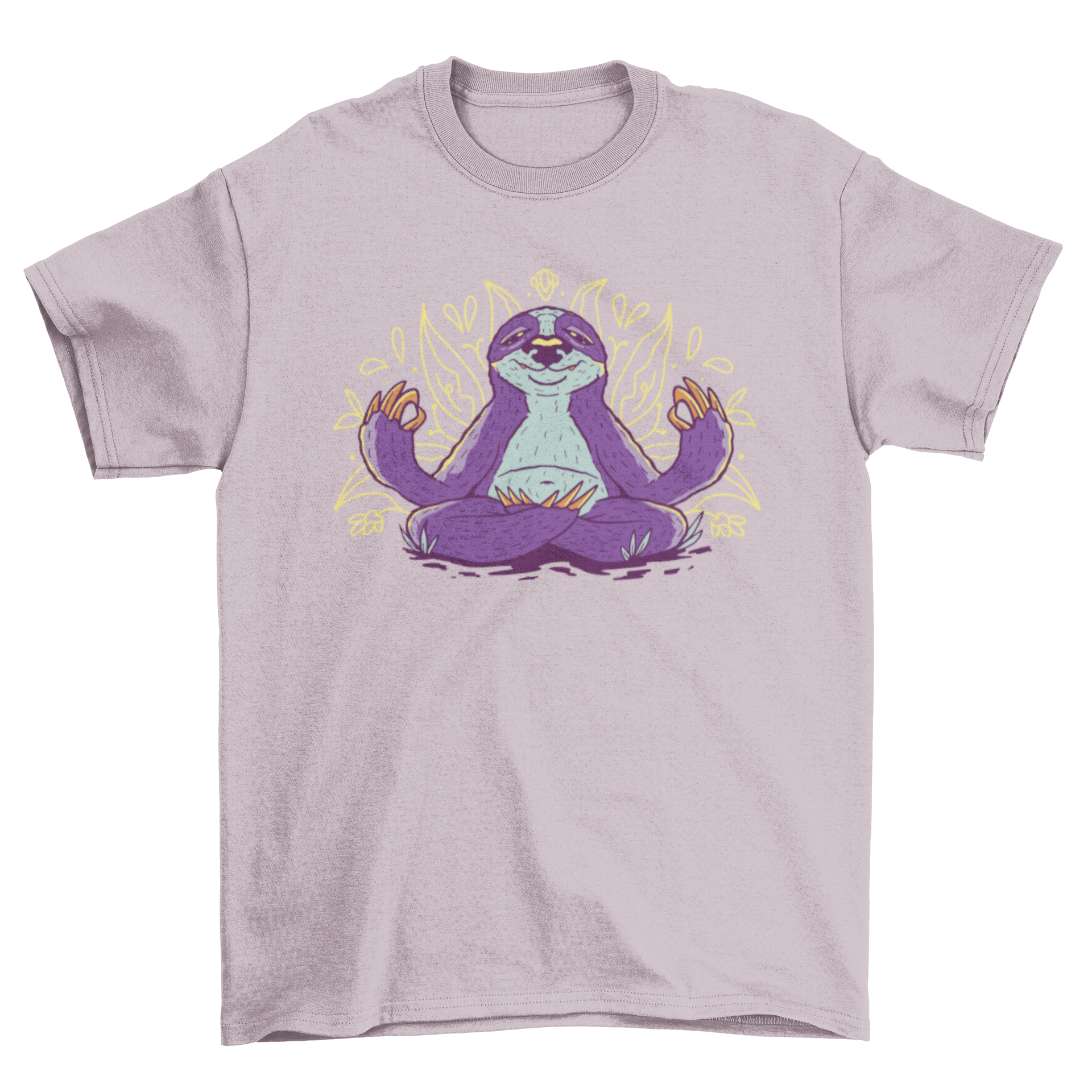 A fun t-shirt featuring a sloth in a meditative pose, showcasing relaxation and tranquility.